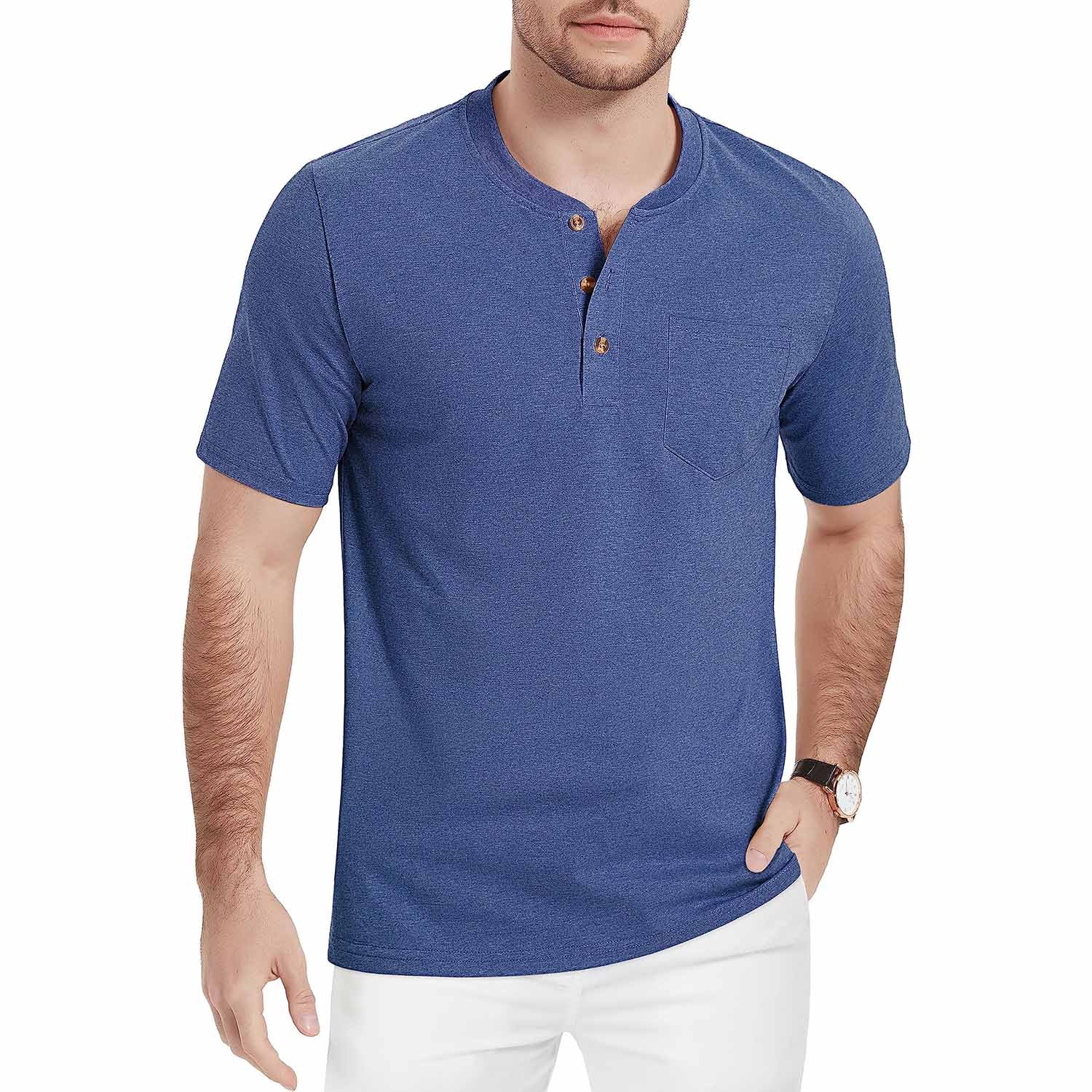 Men's slim fit Henley shirt light blue short sleeve 3-button placket lightweight breathable cotton outdoor