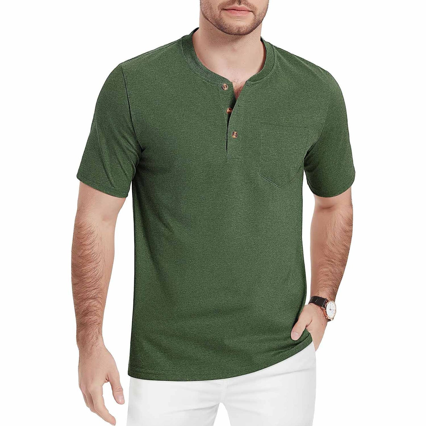 Men's slim fit Henley shirt short sleeve lightweight breathable cotton 3-button placket outdoor