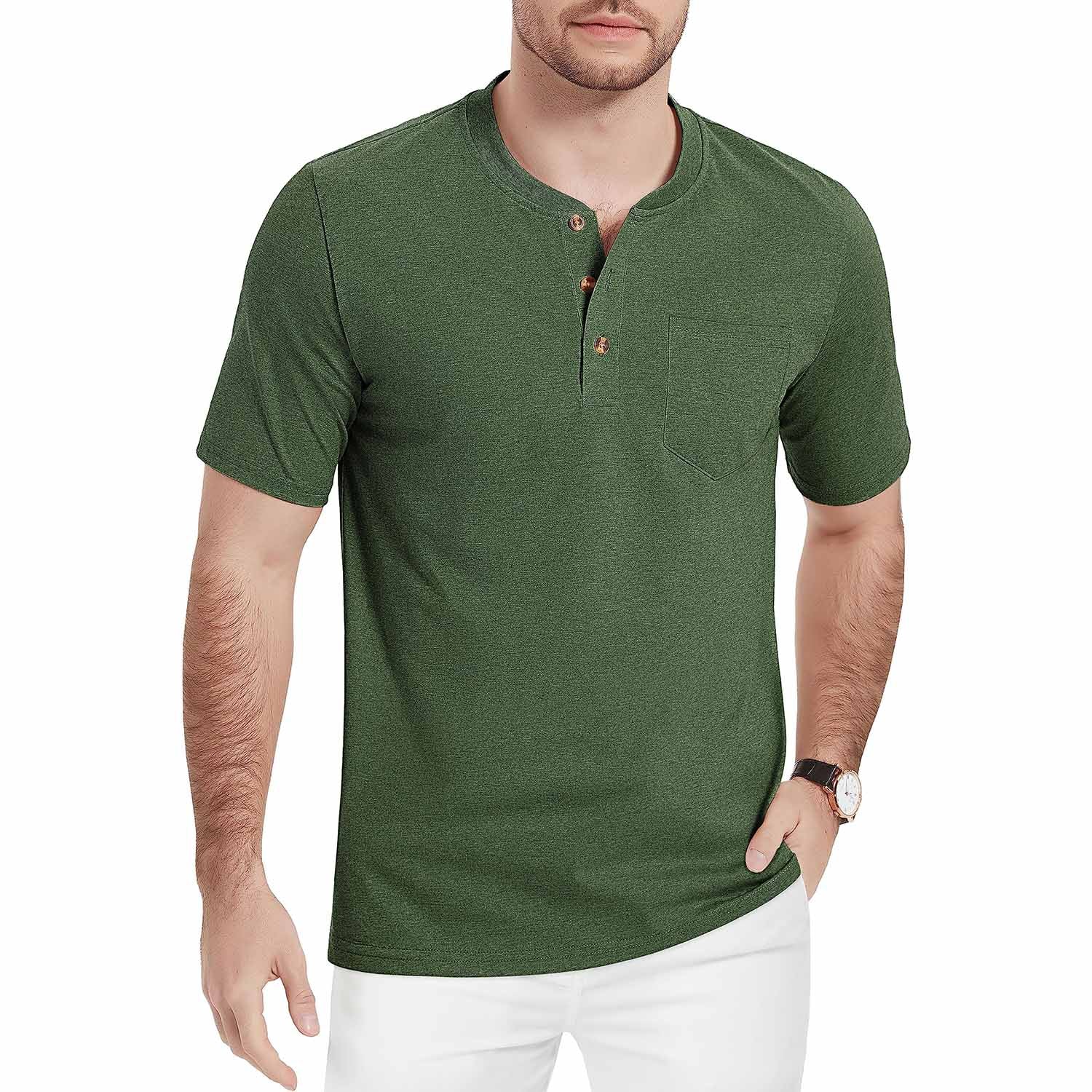 Men's slim fit Henley shirt short sleeve lightweight breathable cotton 3-button placket outdoor