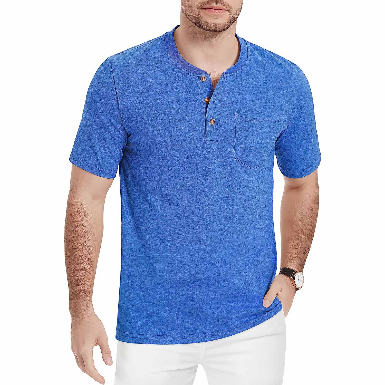 Men's slim fit short sleeve Henley shirt light breathable cotton 3-button placket sun protection