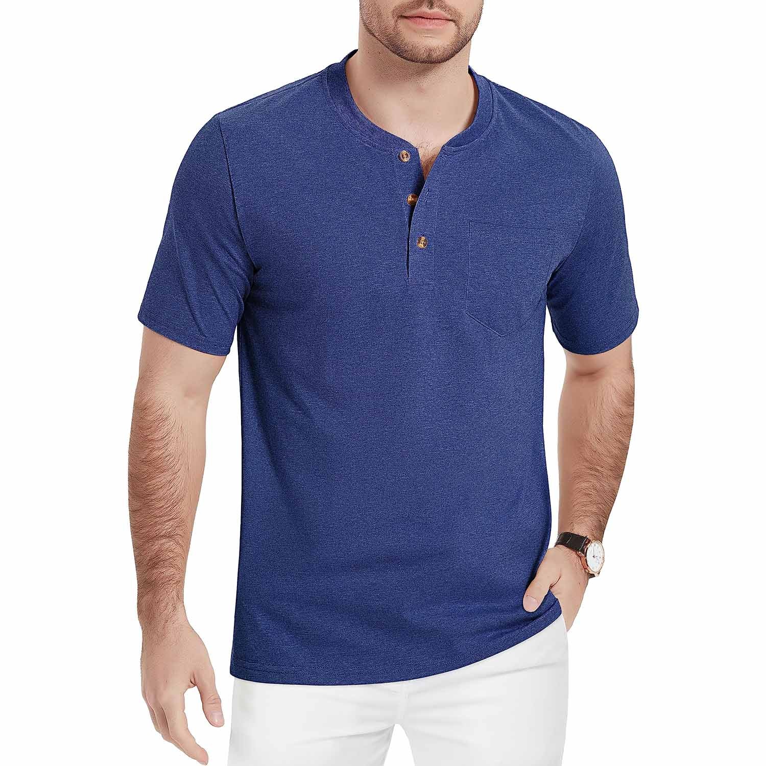 Men's slim fit Henley shirt light blue short sleeve 3-button placket lightweight breathable cotton outdoor