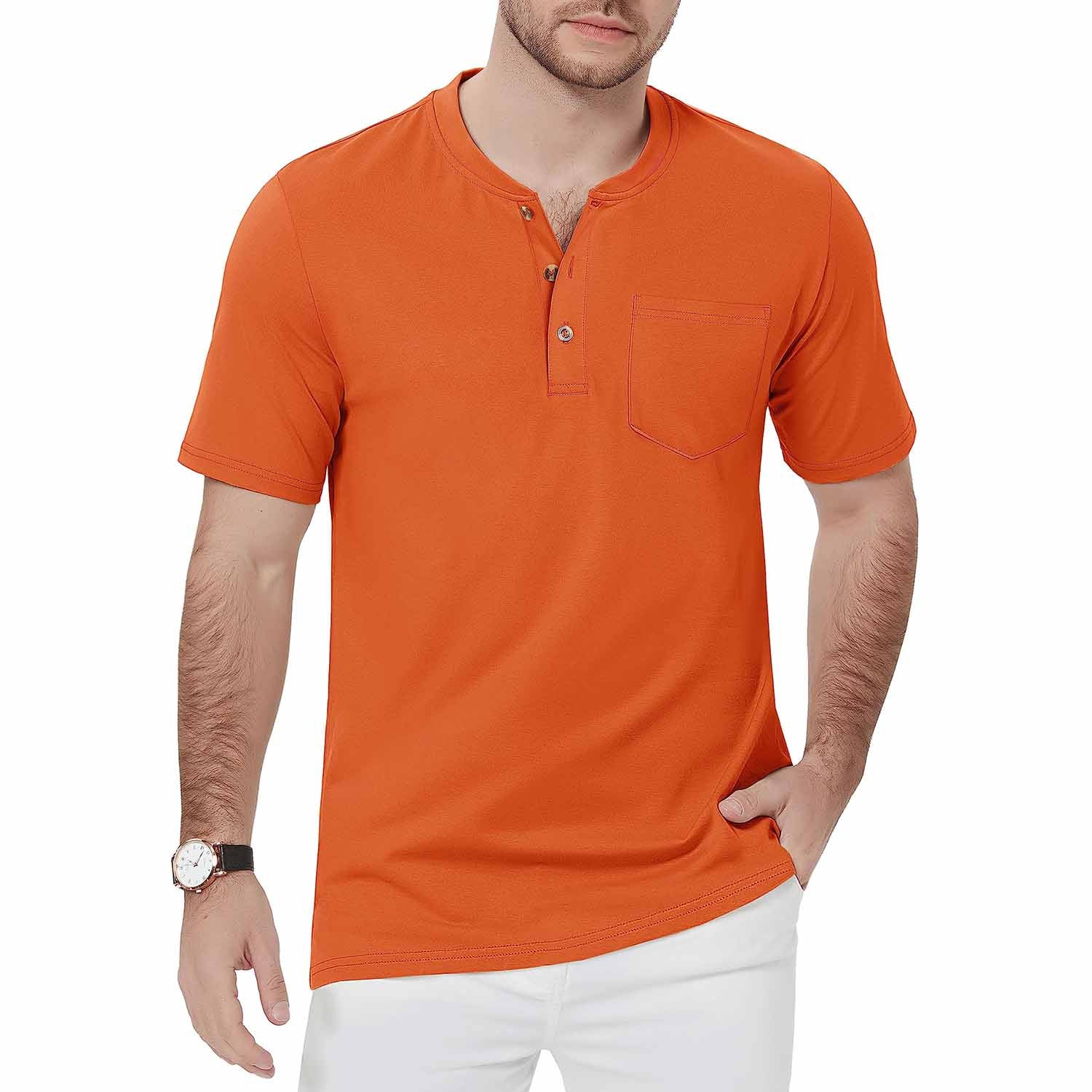 Men's slim fit short sleeve Henley shirt light breathable cotton 3-button placket sun protection