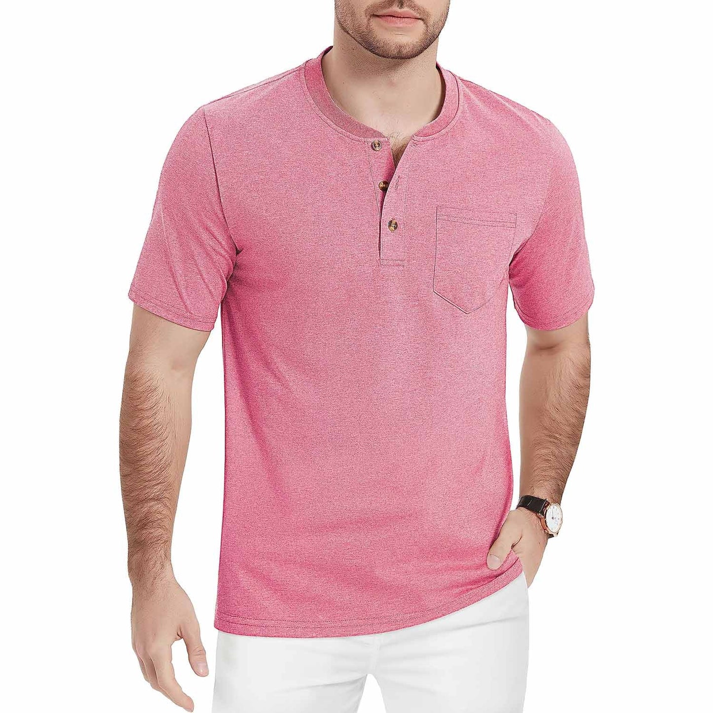 Men's slim fit short sleeve Henley shirt lightweight breathable cotton with 3-button placket for outdoor