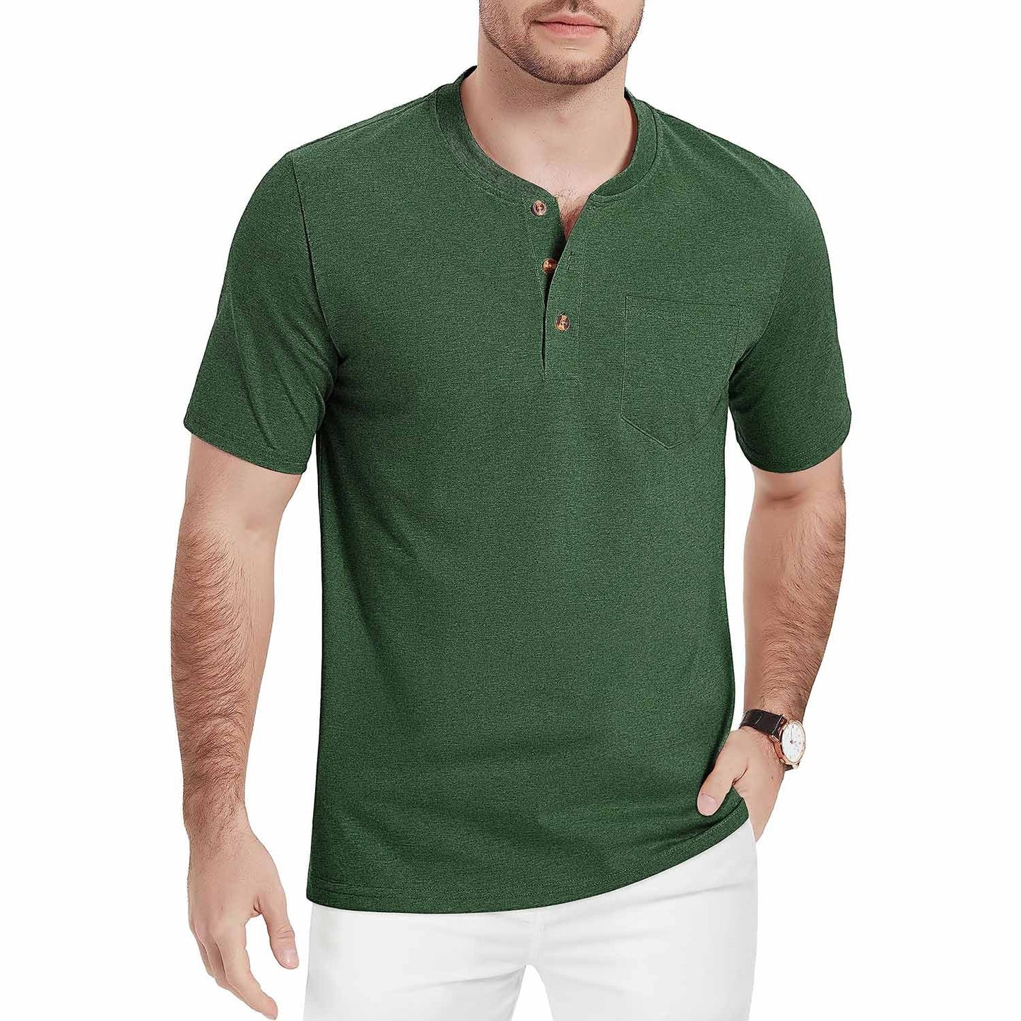 Men's slim fit Henley shirt light breathable cotton short sleeve 3-button placket sun protection outdoor