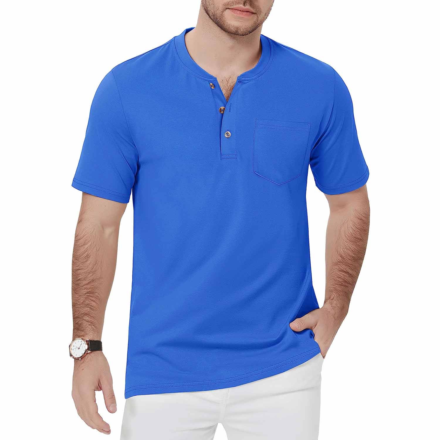Men's slim fit short sleeve Henley shirt lightweight breathable cotton with 3-button placket outdoor style