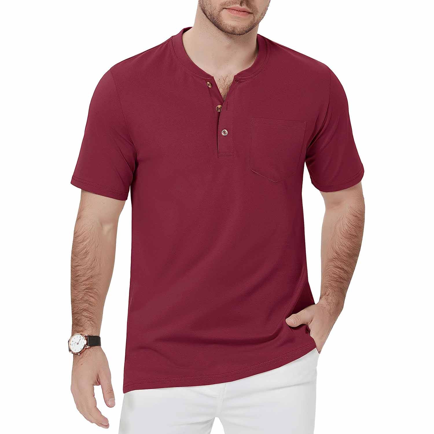 Men's slim fit short sleeve Henley shirt light breathable cotton with 3-button placket for outdoor