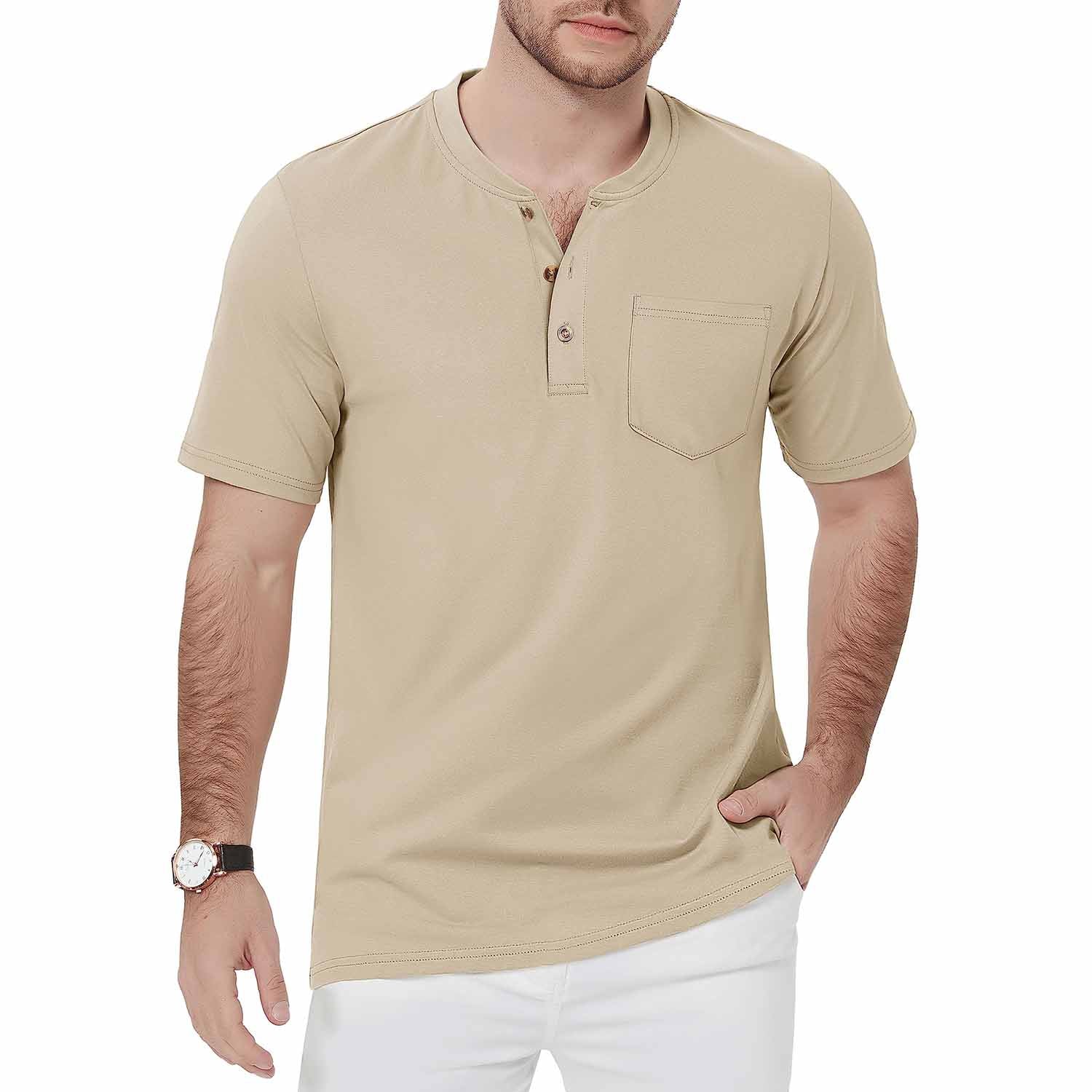 Men's slim fit short sleeve Henley shirt lightweight breathable cotton 3-button placket sun protection