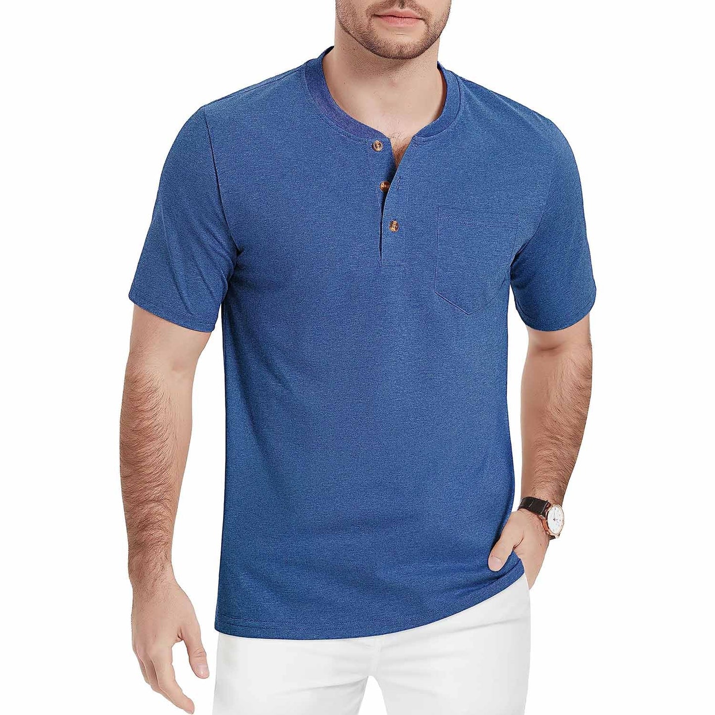 Men's slim fit Henley shirt light breathable cotton short sleeve 3-button placket outdoor style