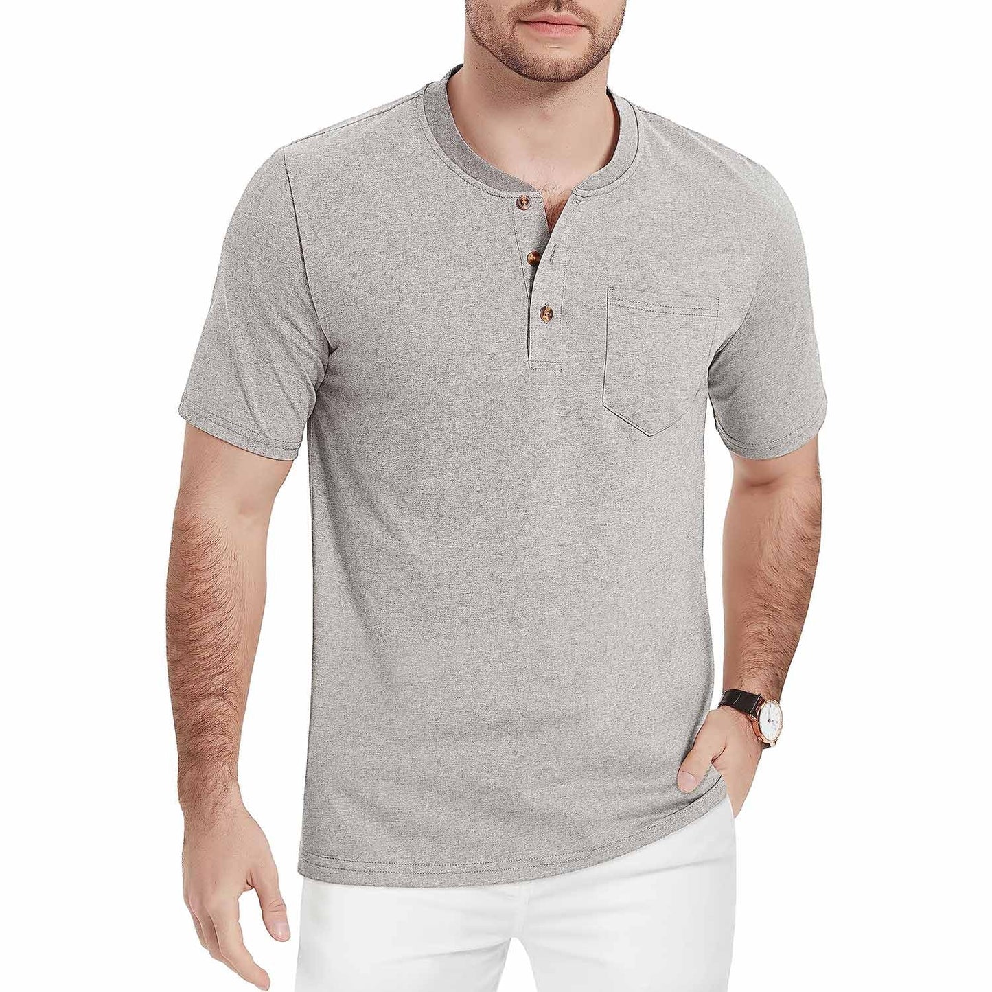 Men's slim fit short sleeve Henley shirt in breathable cotton with 3-button placket for outdoor wear