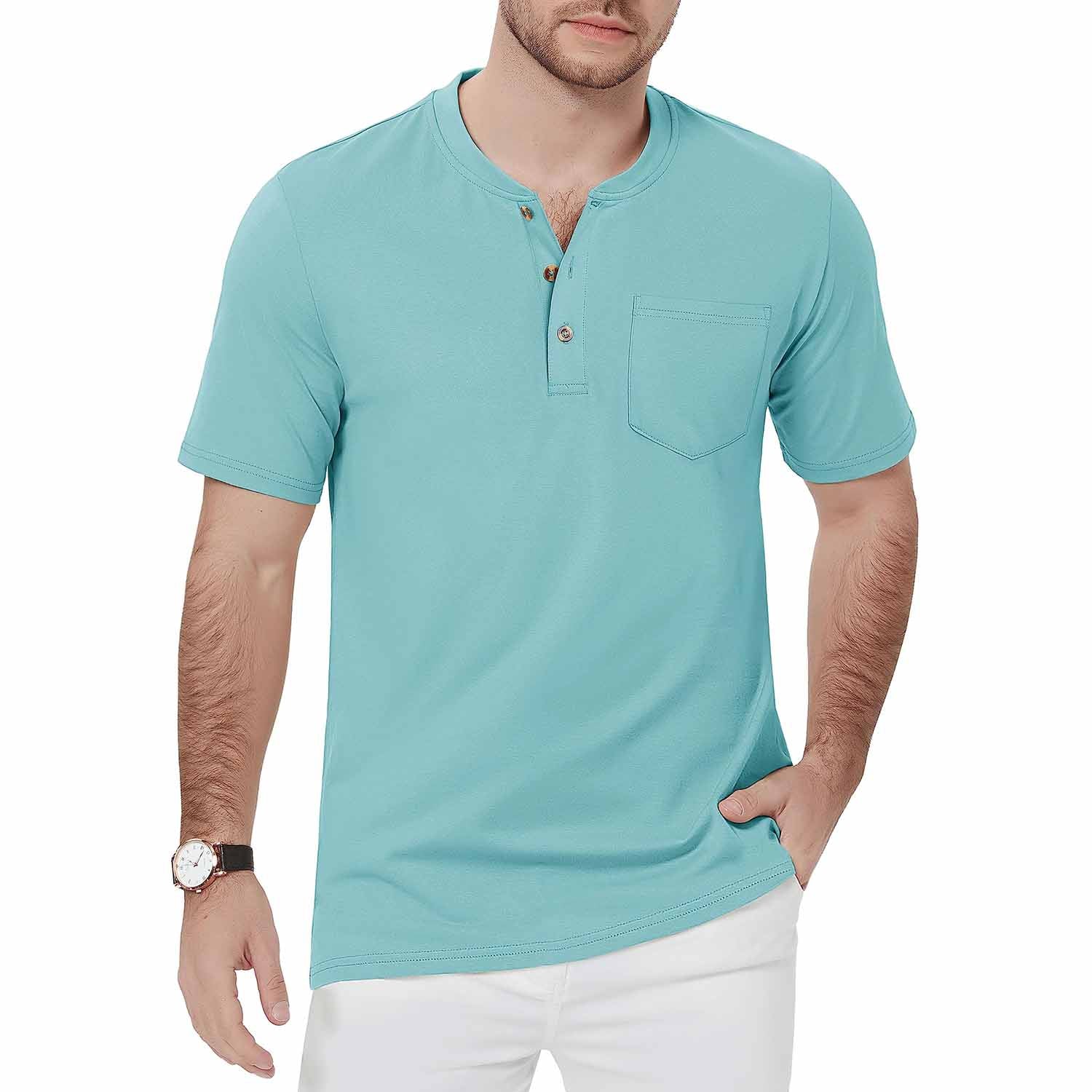 Men's slim fit Henley shirt short sleeve lightweight cotton sun protection 3-button placket outdoor
