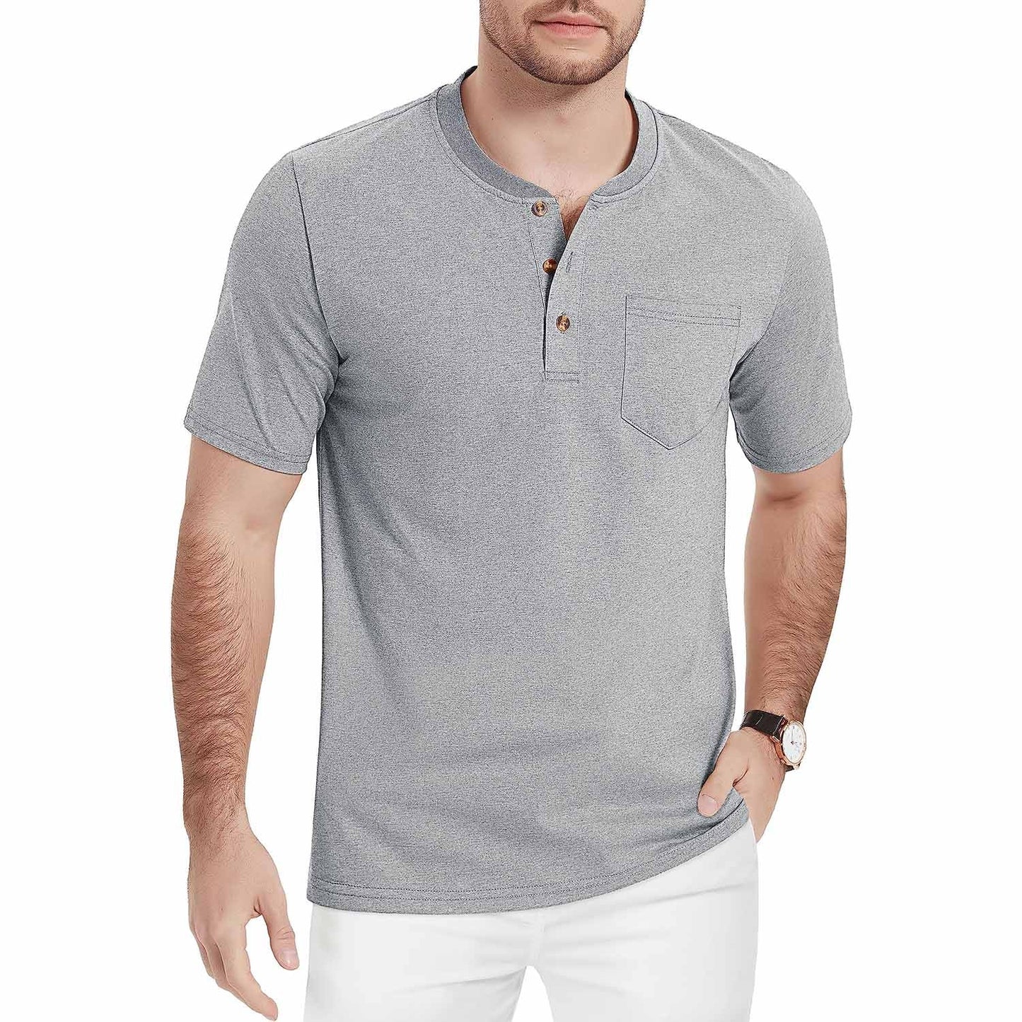 Men's slim fit white Henley shirt short sleeve 3-button placket lightweight cotton outdoor style