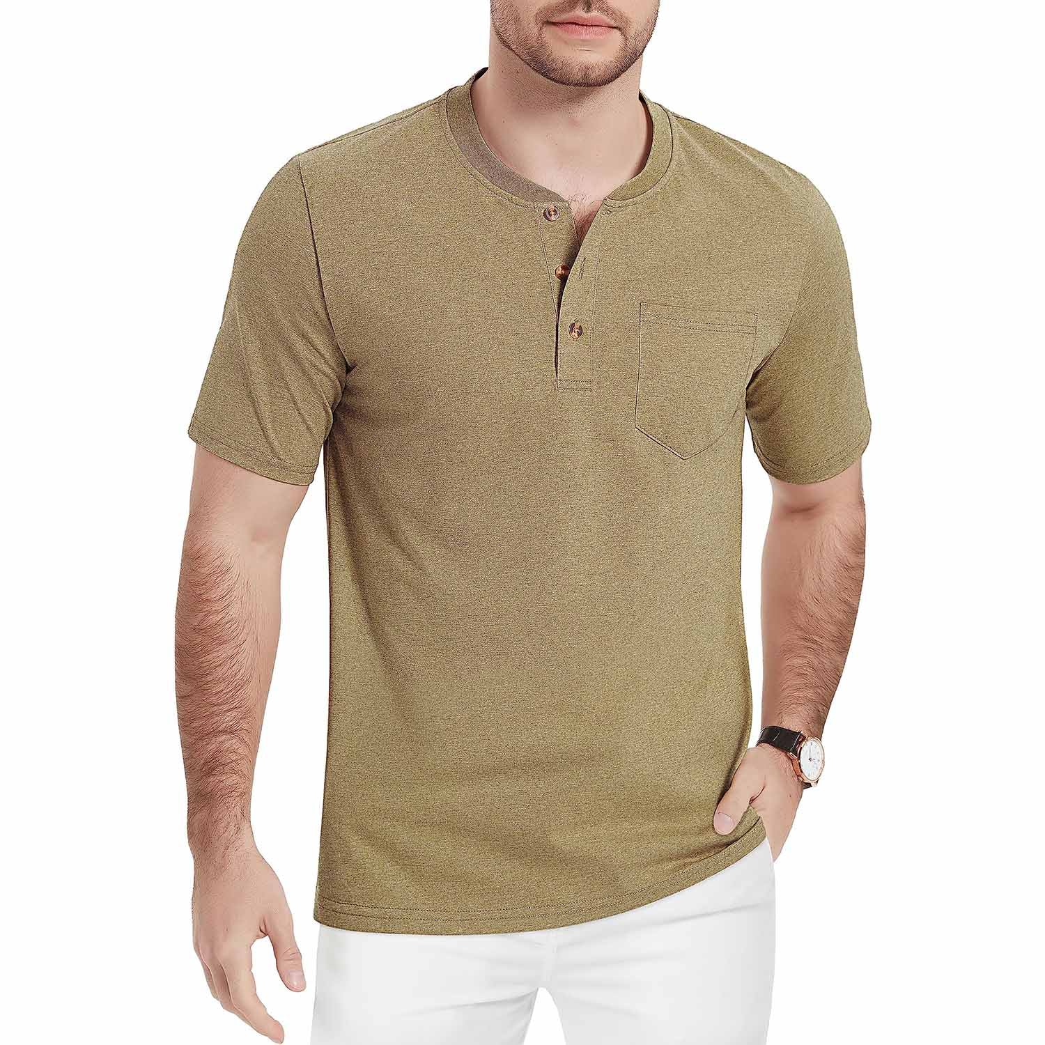 Men's slim fit short sleeve Henley shirt in breathable cotton with 3-button placket for outdoor wear
