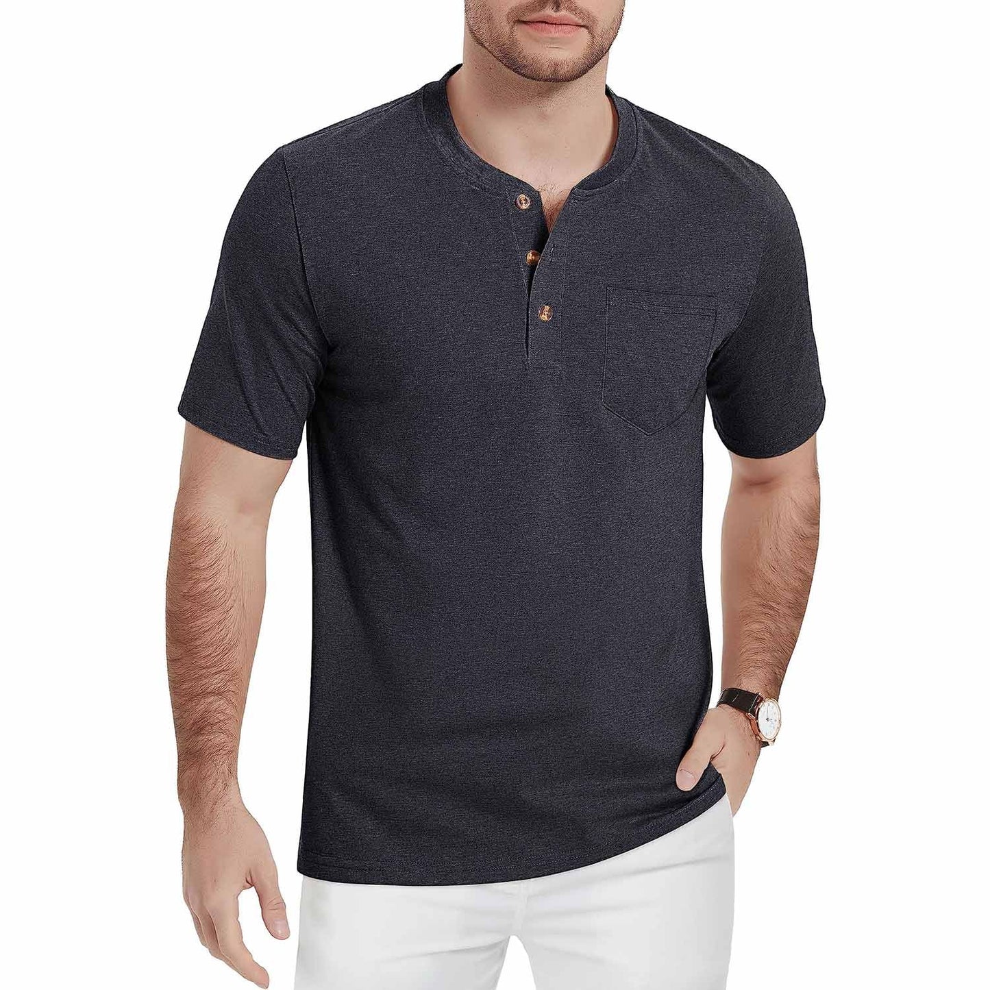 Men's slim fit short sleeve Henley shirt in breathable cotton with 3-button placket for outdoor wear