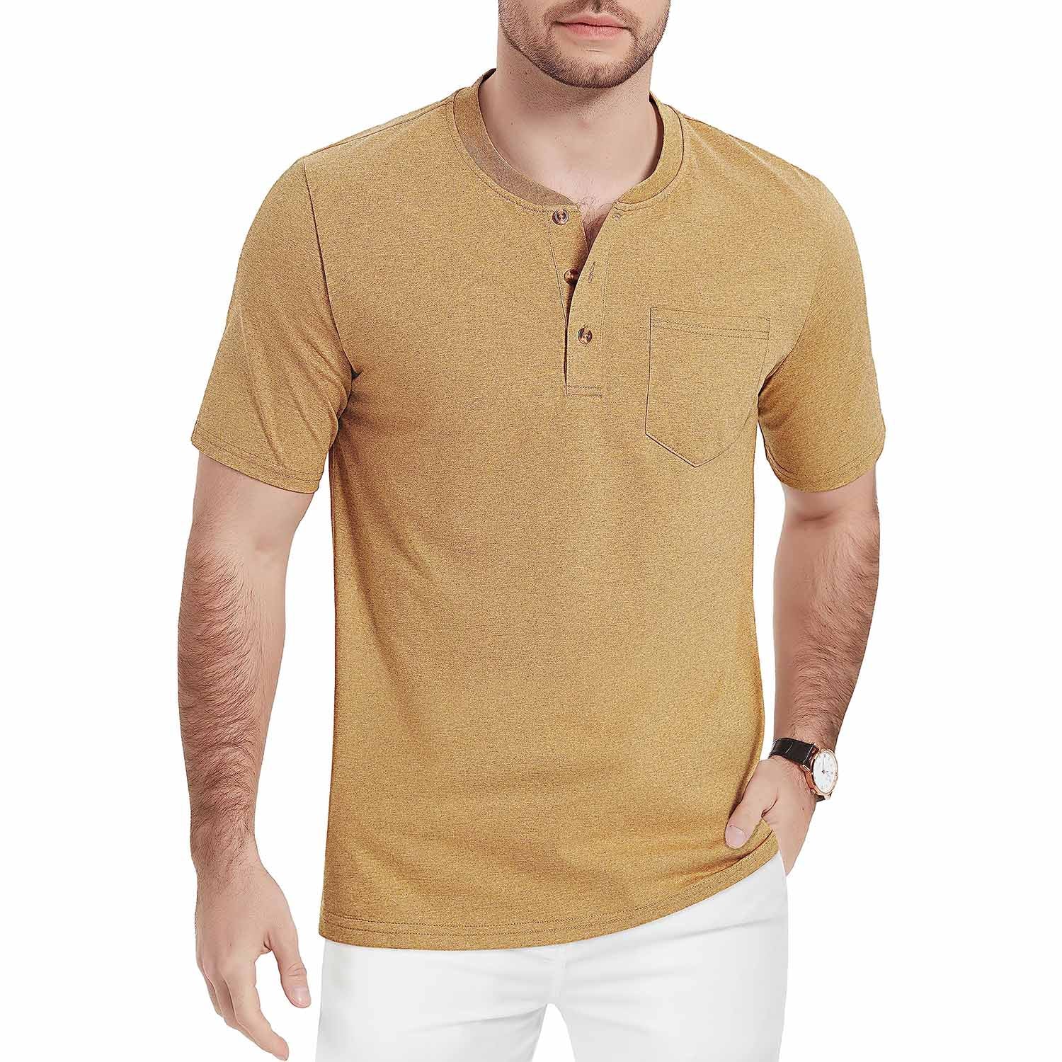 Men's slim fit Henley shirt light breathable cotton short sleeve 3-button placket sun protection