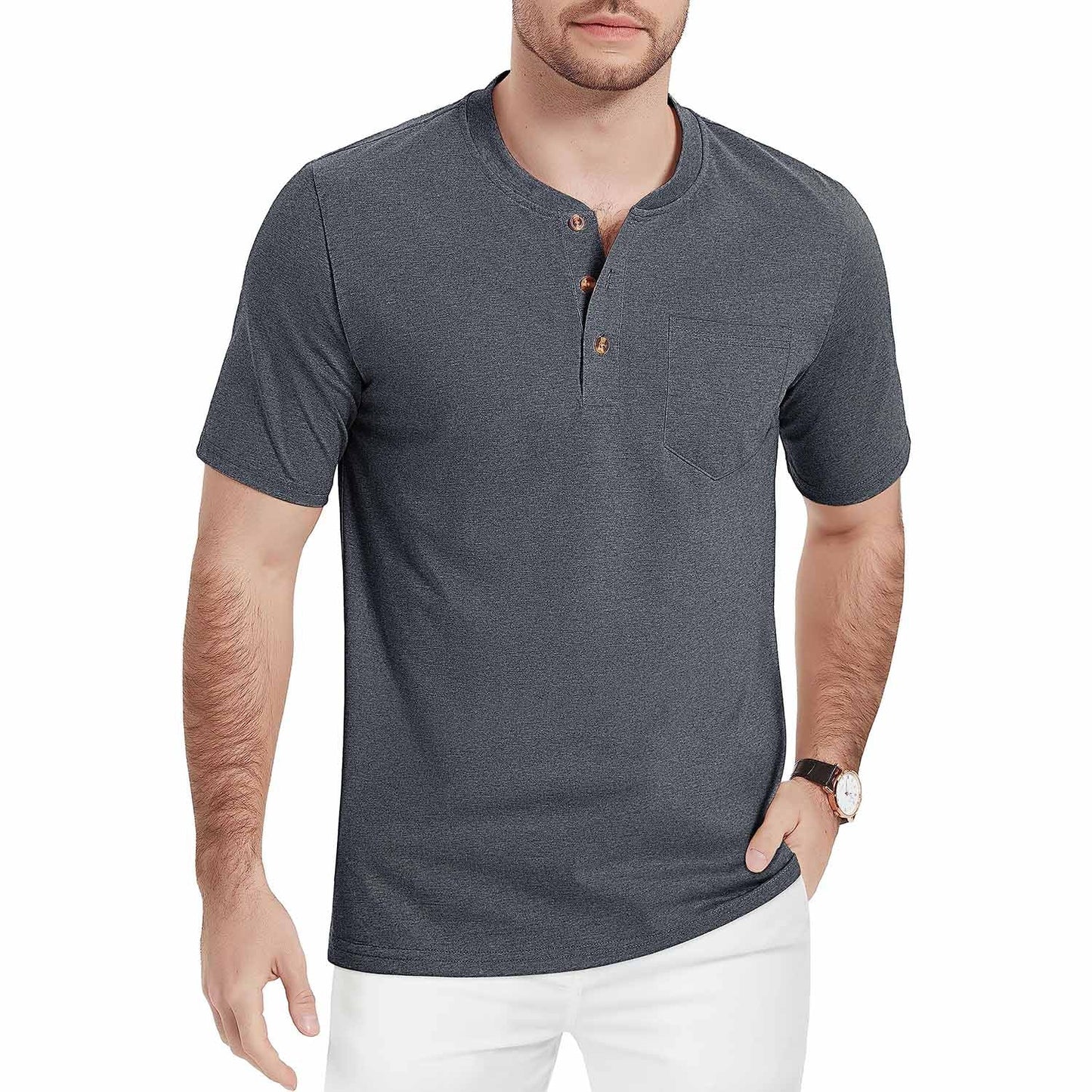 Men's slim fit short sleeve Henley shirt in lightweight breathable cotton with 3-button placket for outdoor