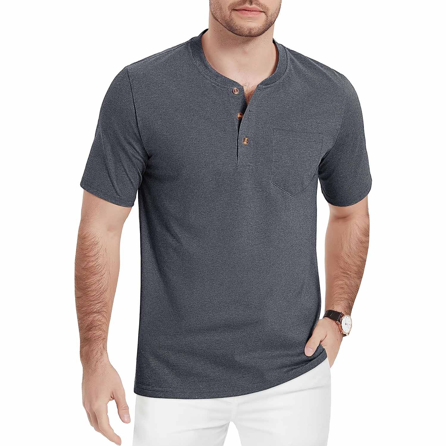 Men's slim fit short sleeve Henley shirt in lightweight breathable cotton with 3-button placket for outdoor