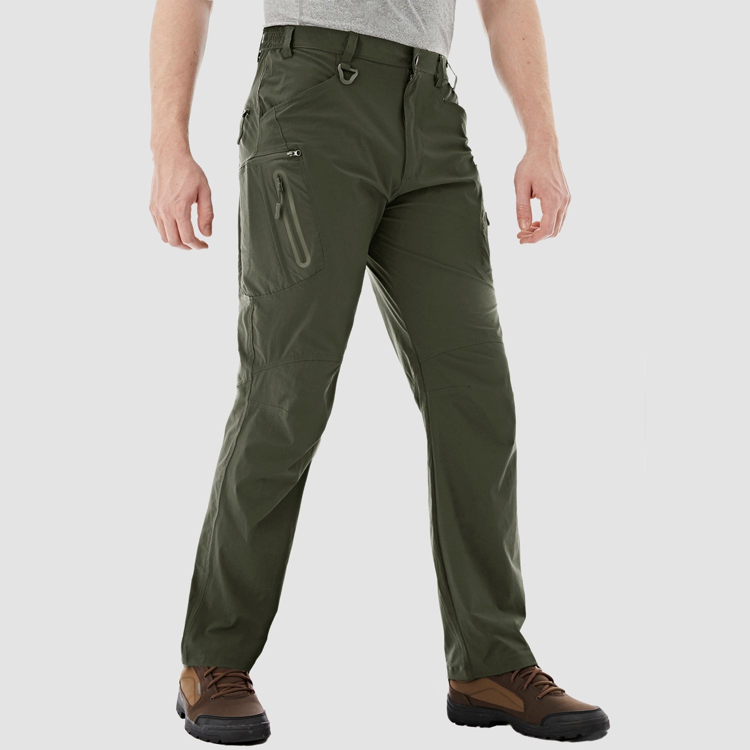 Men's olive ripstop tactical cargo pants water-repellent elastic waist 8-pocket nylon-spandex outdoor fit