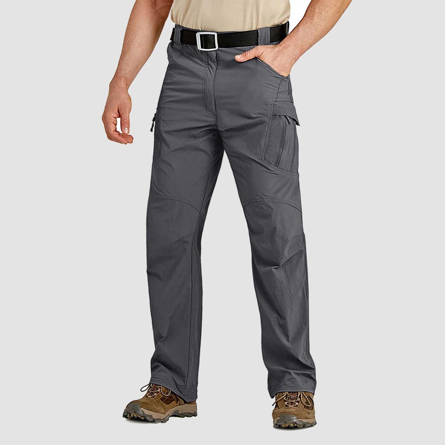 Men's quick-dry nylon cargo hiking pants, lightweight multi-pocket trousers with reinforced crotch for outdoor use