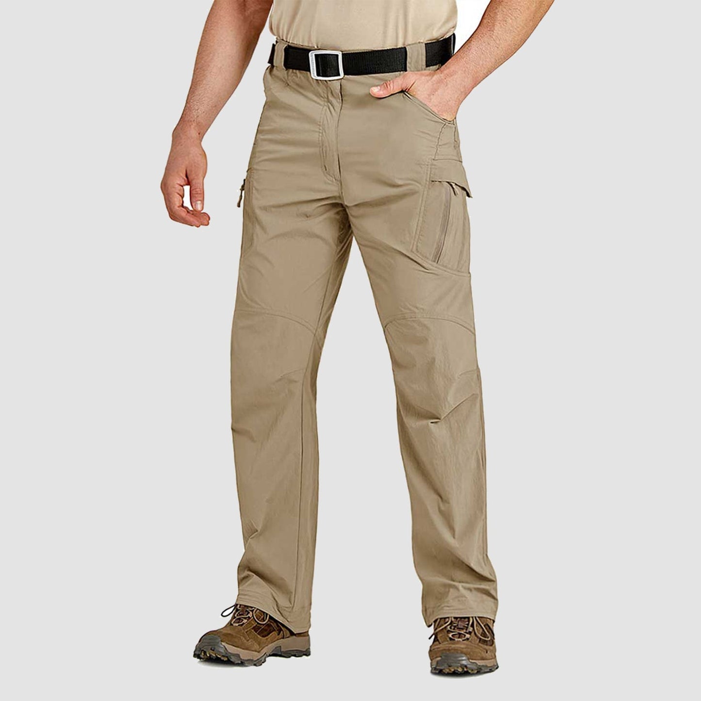 Men's khaki quick-dry cargo hiking pants, lightweight nylon with 9 pockets and reinforced crotch