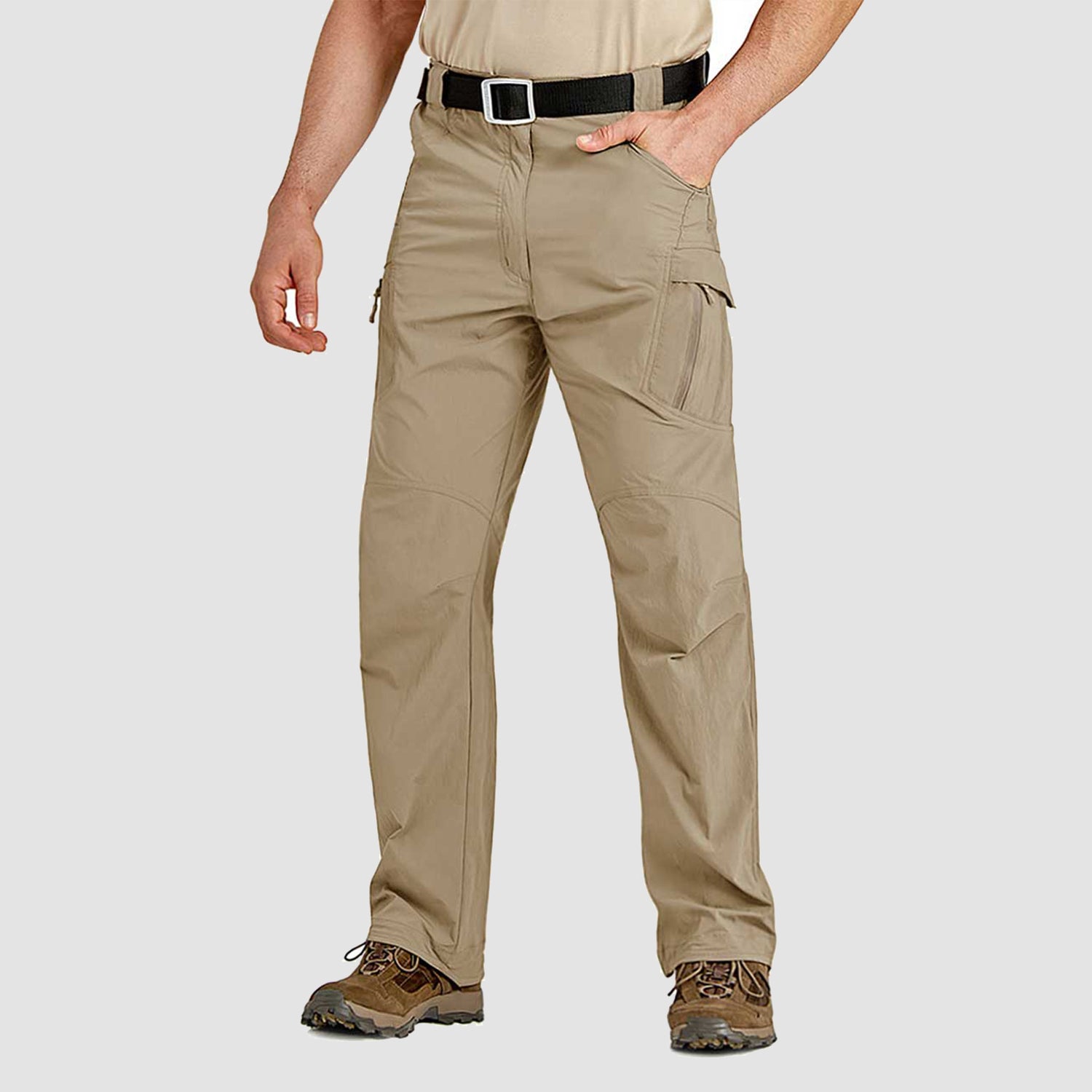 Men's khaki quick-dry cargo hiking pants, lightweight nylon with 9 pockets and reinforced crotch