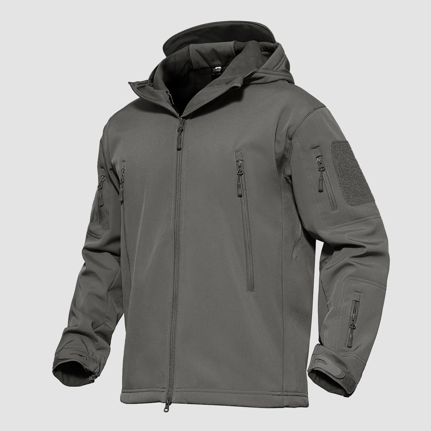 Men's black tactical softshell hooded jacket with thermal fleece lining, waterproof stretch fabric