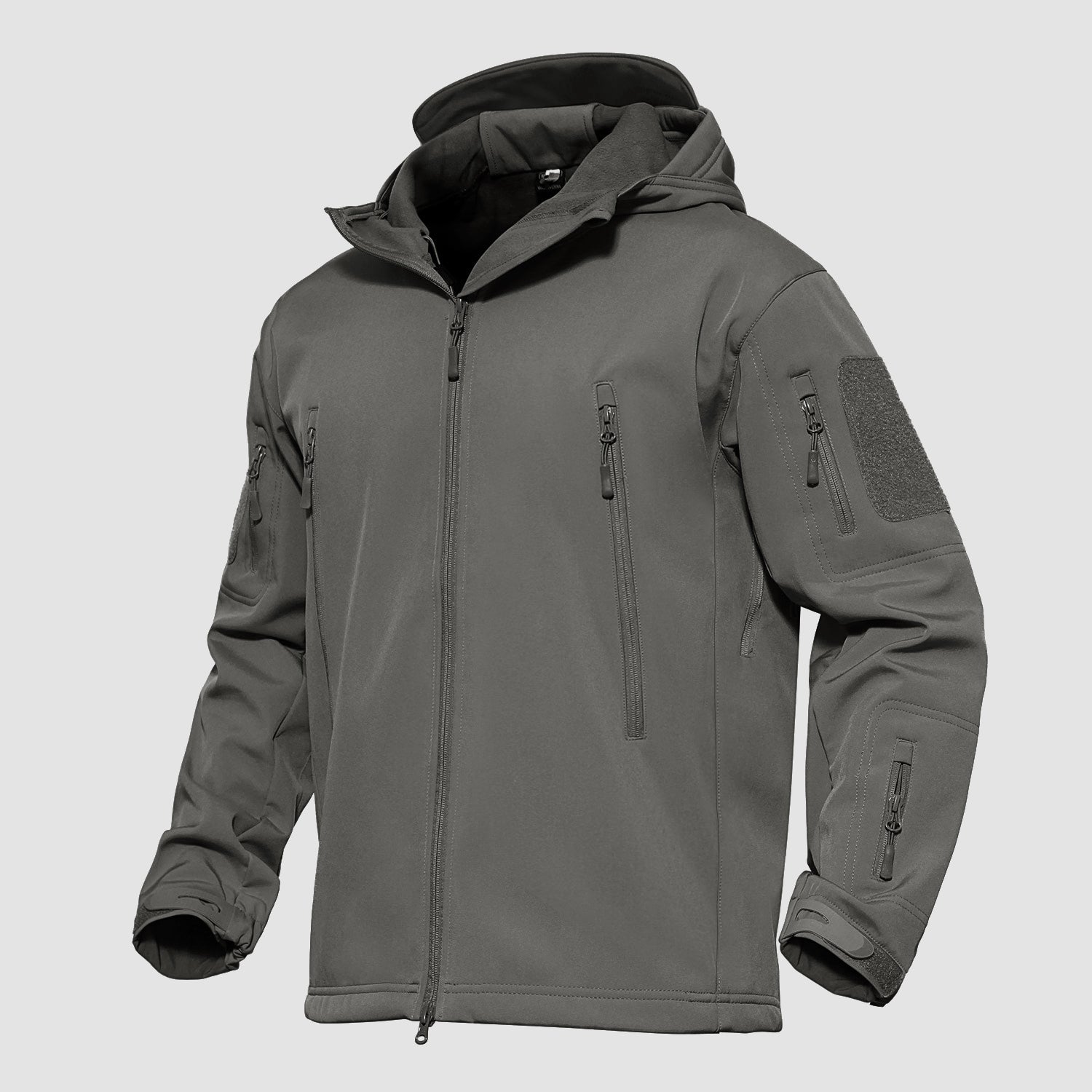 Men's black tactical softshell hooded jacket with thermal fleece lining, waterproof stretch fabric