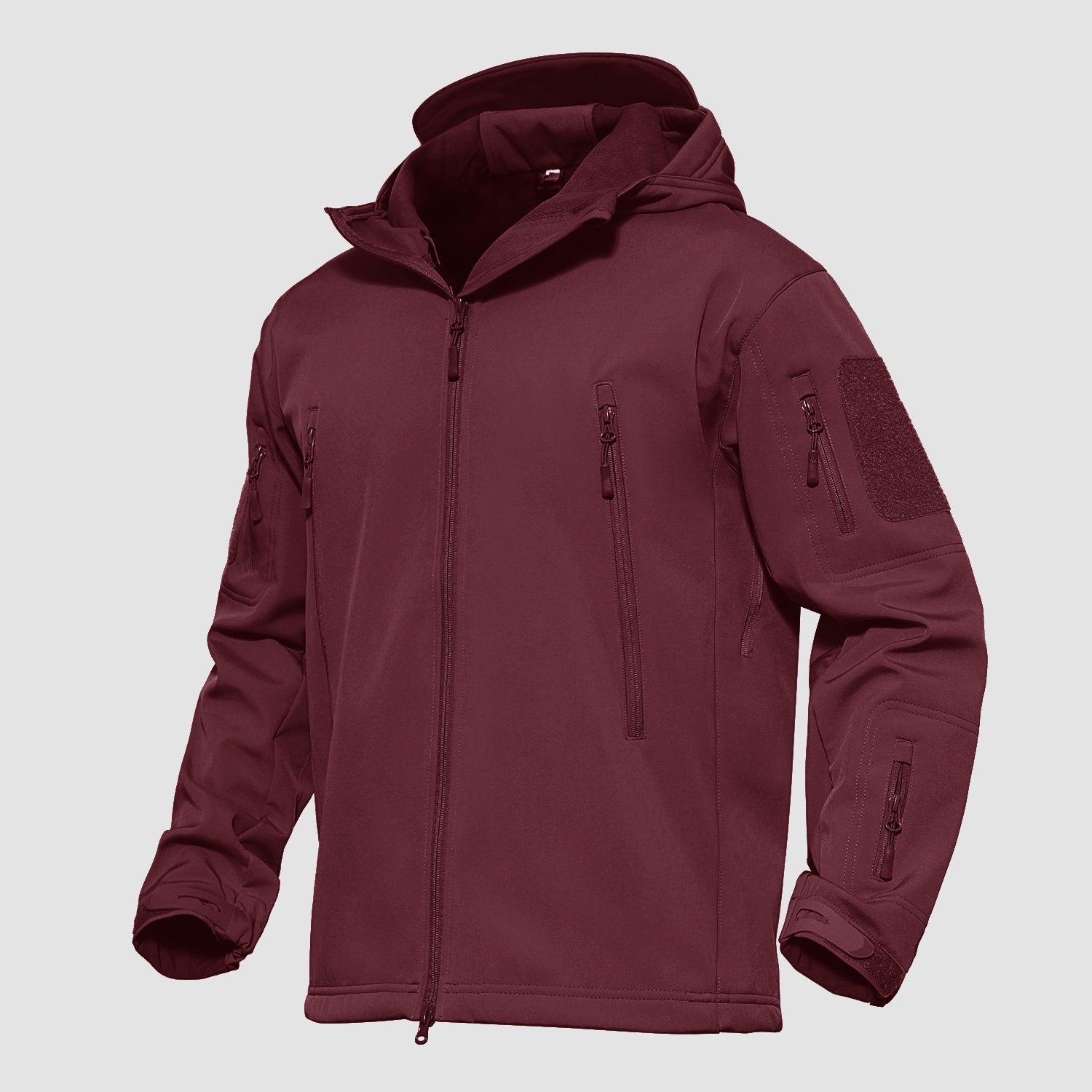 Men's black tactical softshell hooded jacket with thermal fleece lining and waterproof shark skin fabric