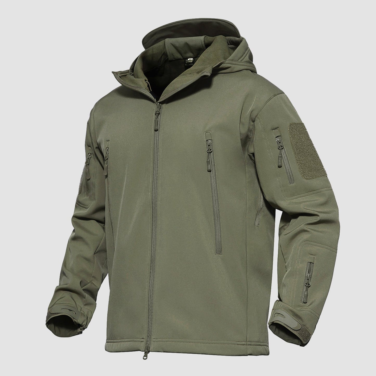 Men's black tactical softshell hooded jacket with thermal fleece lining and waterproof shark skin fabric