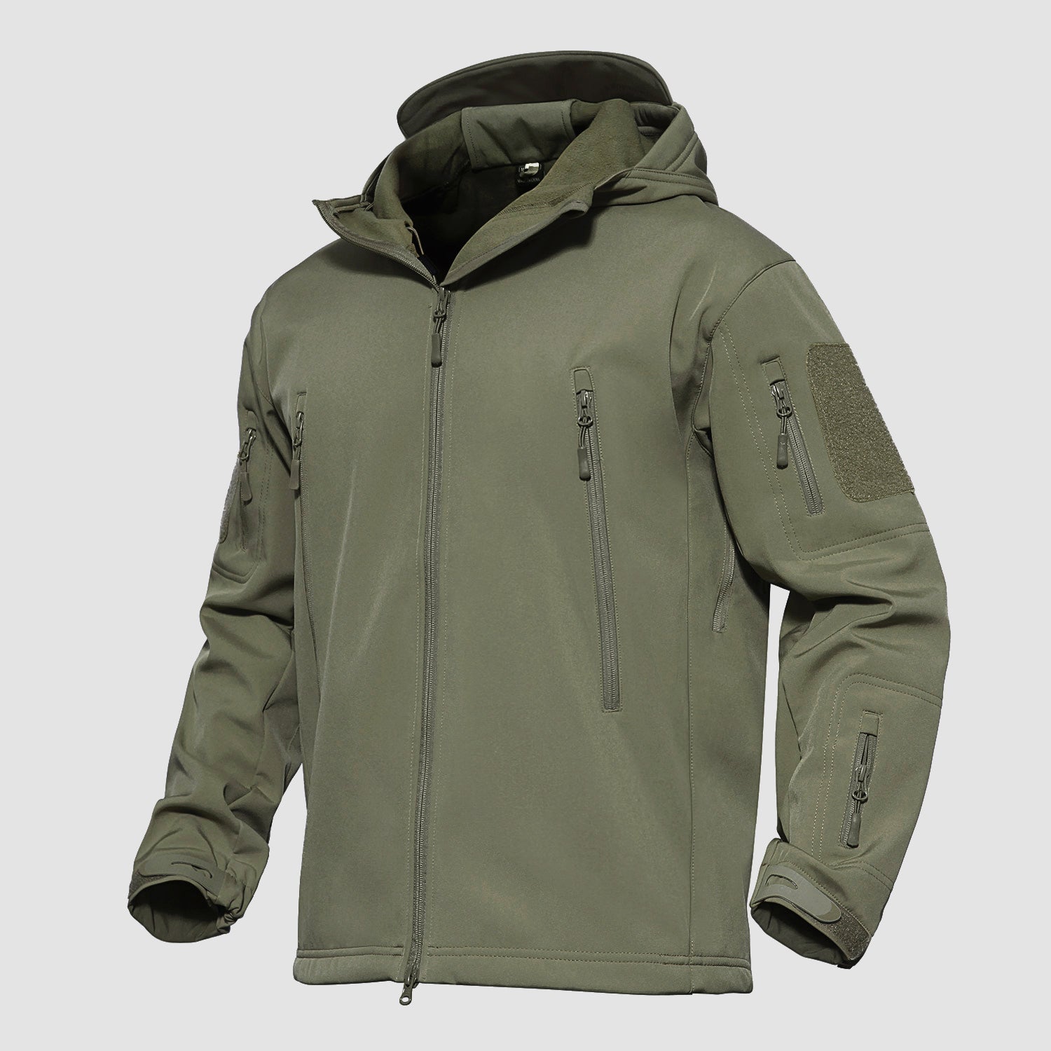 Men's black tactical softshell hooded jacket with thermal fleece lining and waterproof shark skin fabric