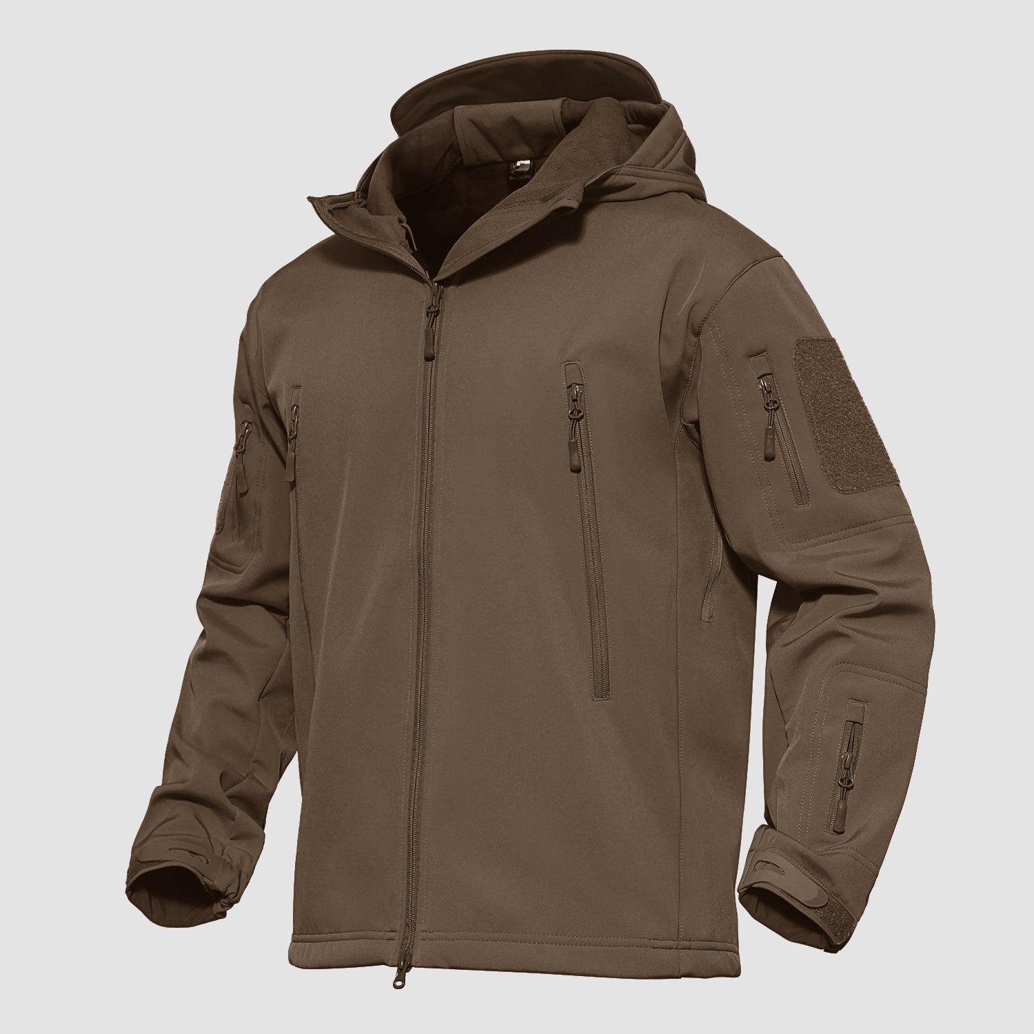 Men's black tactical softshell hooded jacket with thermal fleece lining, waterproof stretch fabric