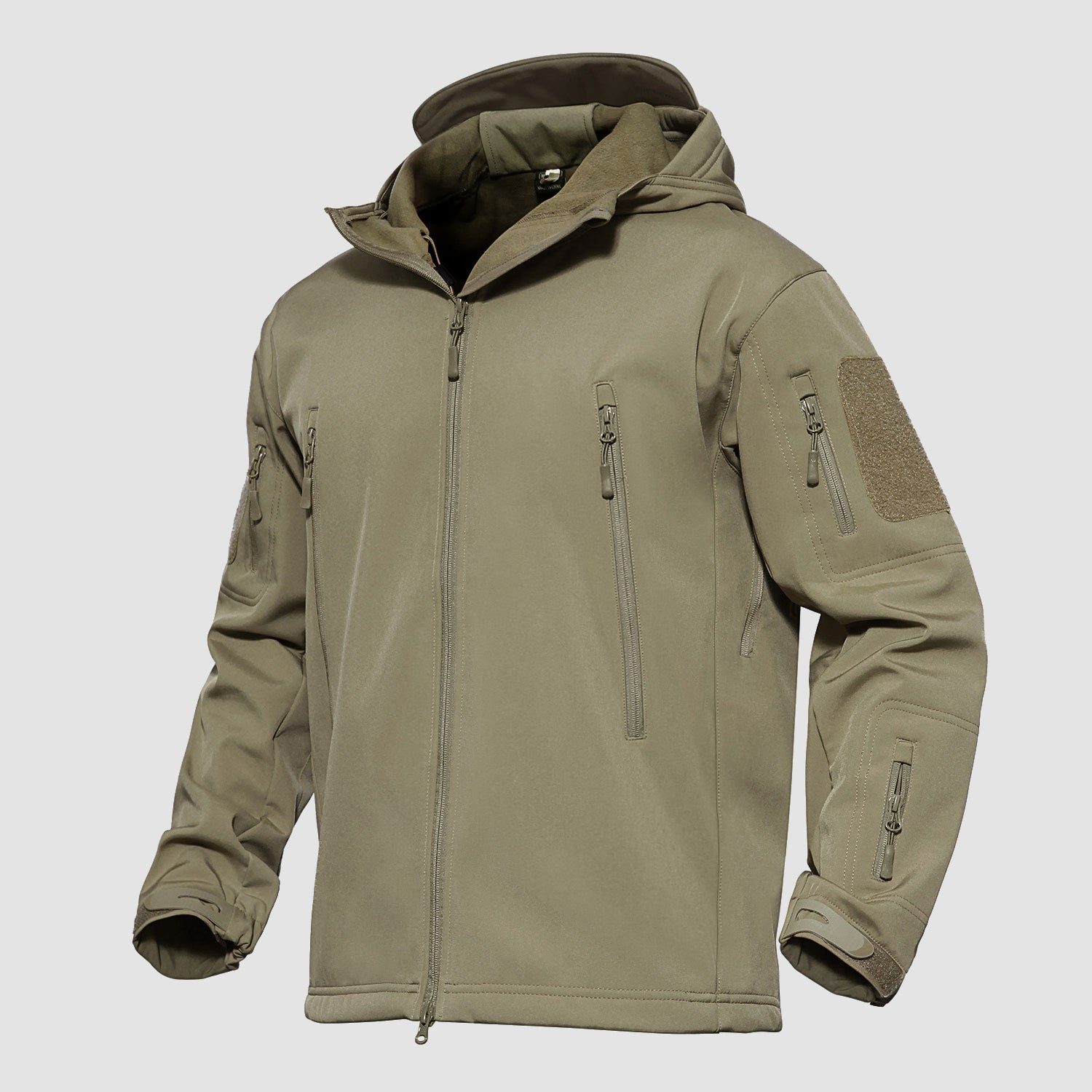 Men's black tactical softshell hooded jacket with thermal fleece lining, waterproof stretch fabric