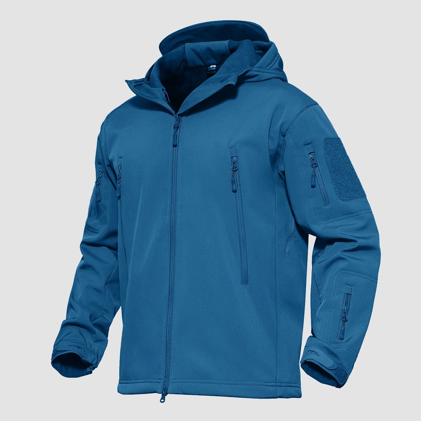 Men's black tactical softshell hooded jacket with thermal fleece lining and waterproof shark skin fabric