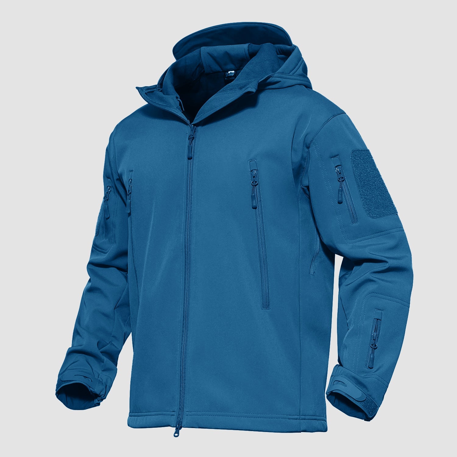 Men's black tactical softshell hooded jacket with thermal fleece lining and waterproof shark skin fabric