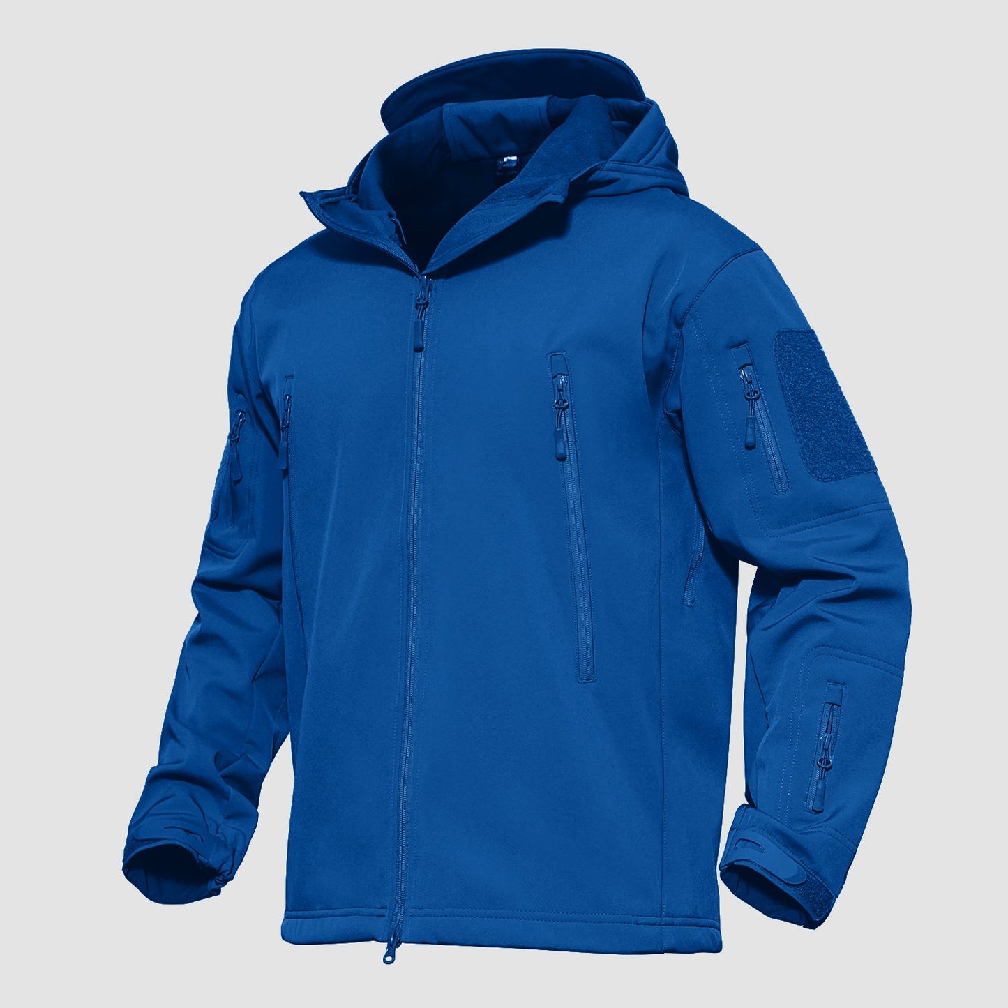 Men's black tactical softshell hooded jacket with thermal fleece lining and waterproof shark skin fabric
