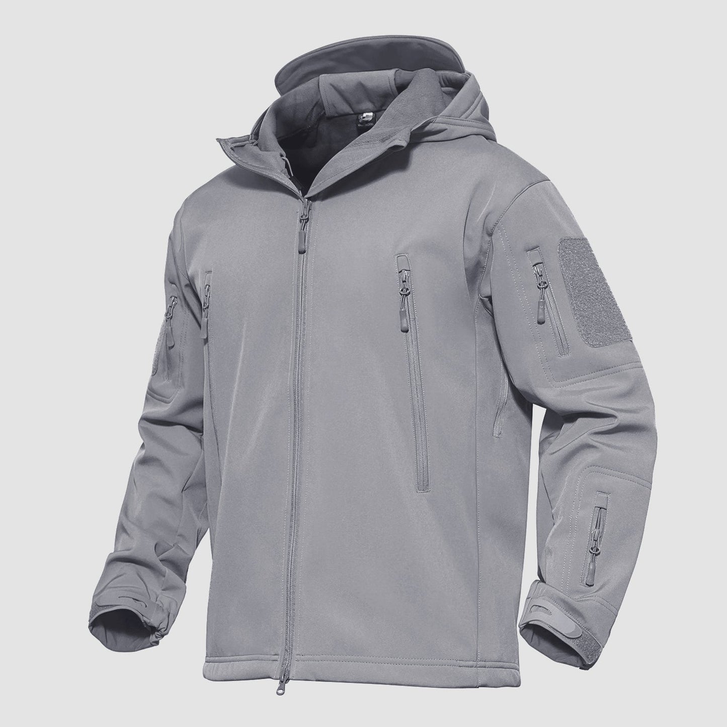 Men's black tactical softshell hooded jacket with thermal fleece lining, waterproof stretch fit