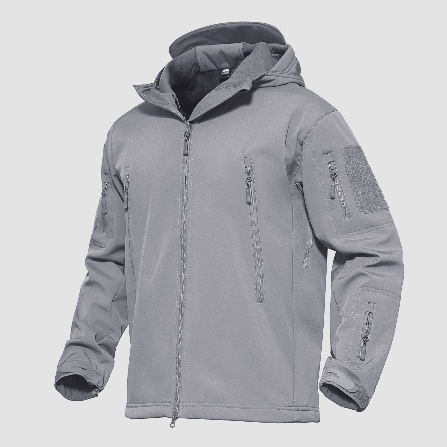Men's black tactical softshell hooded jacket with thermal fleece lining, waterproof stretch fit