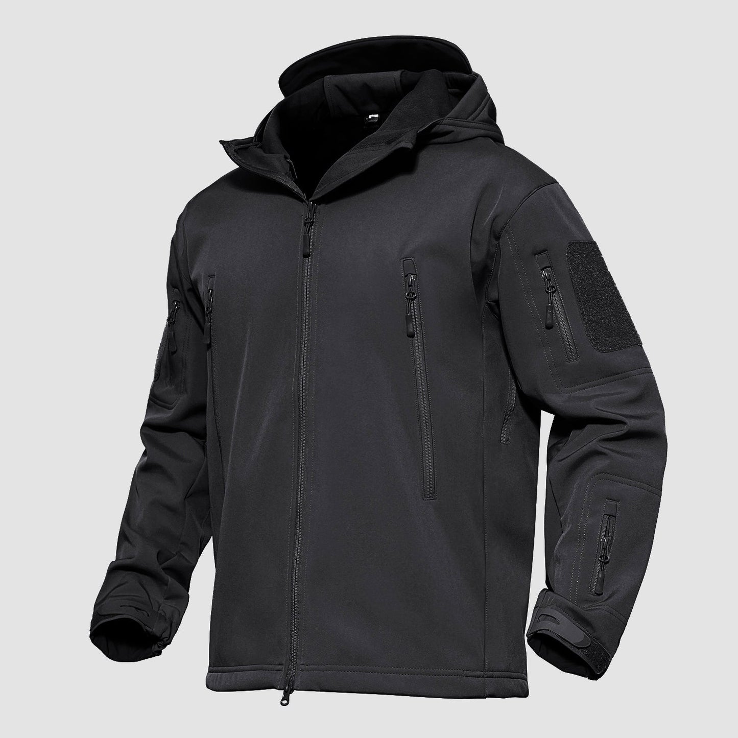 Men's black tactical softshell hooded jacket with thermal fleece lining and waterproof shark skin fabric