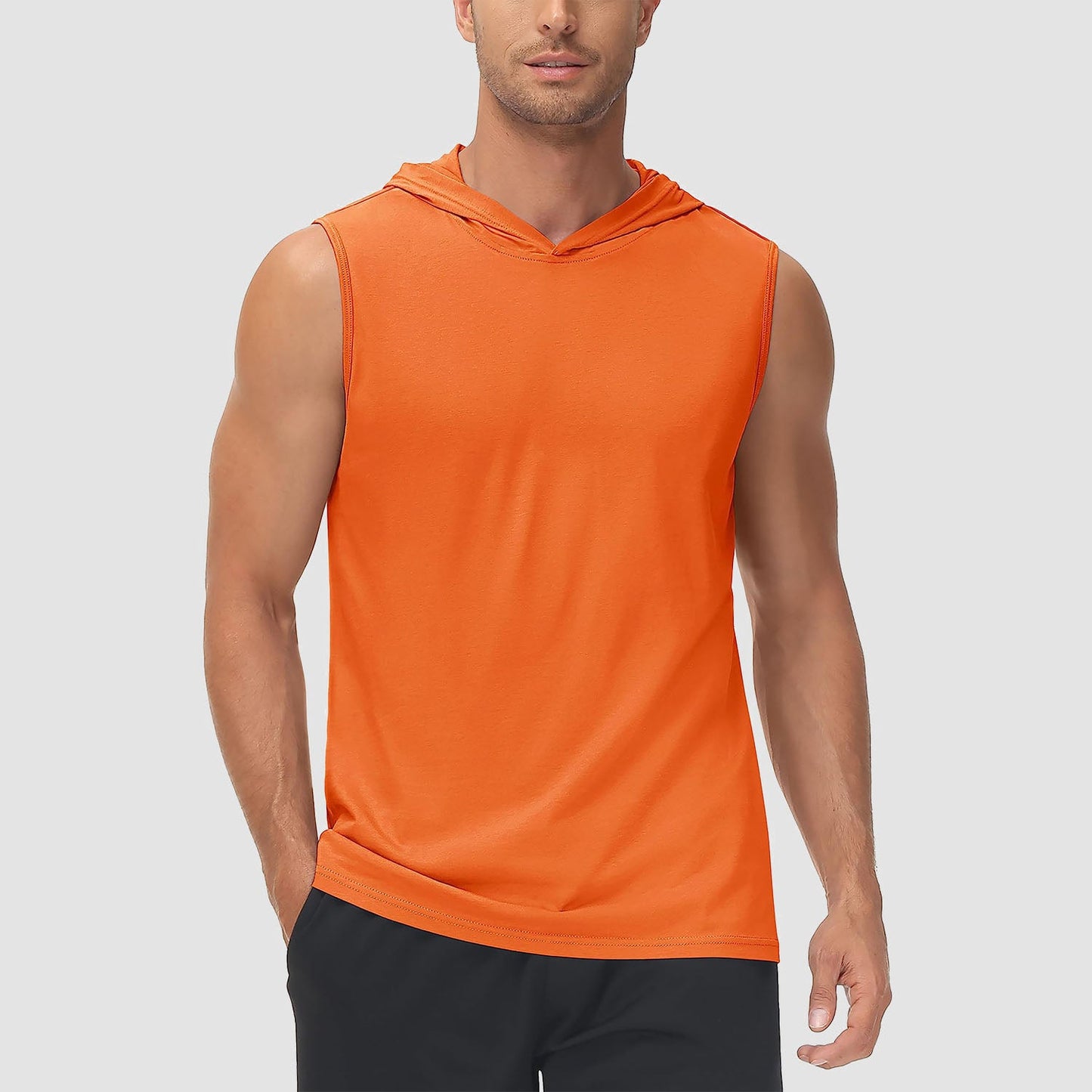 Men's turquoise hooded tank top sleeveless cotton moisture-wicking sports shirt with hood detail