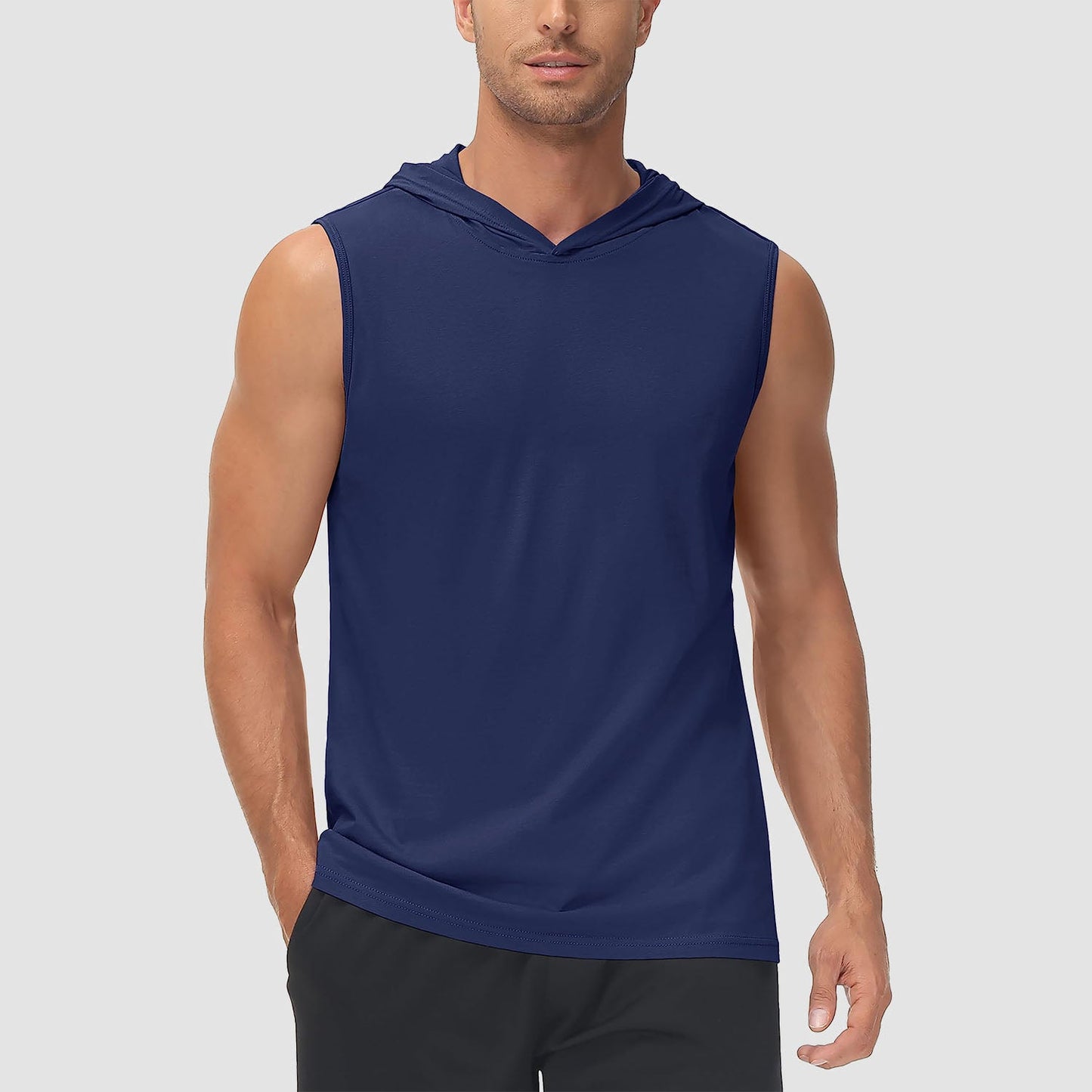 Men's turquoise hooded tank top sleeveless cotton moisture-wicking sports shirt casual athletic style