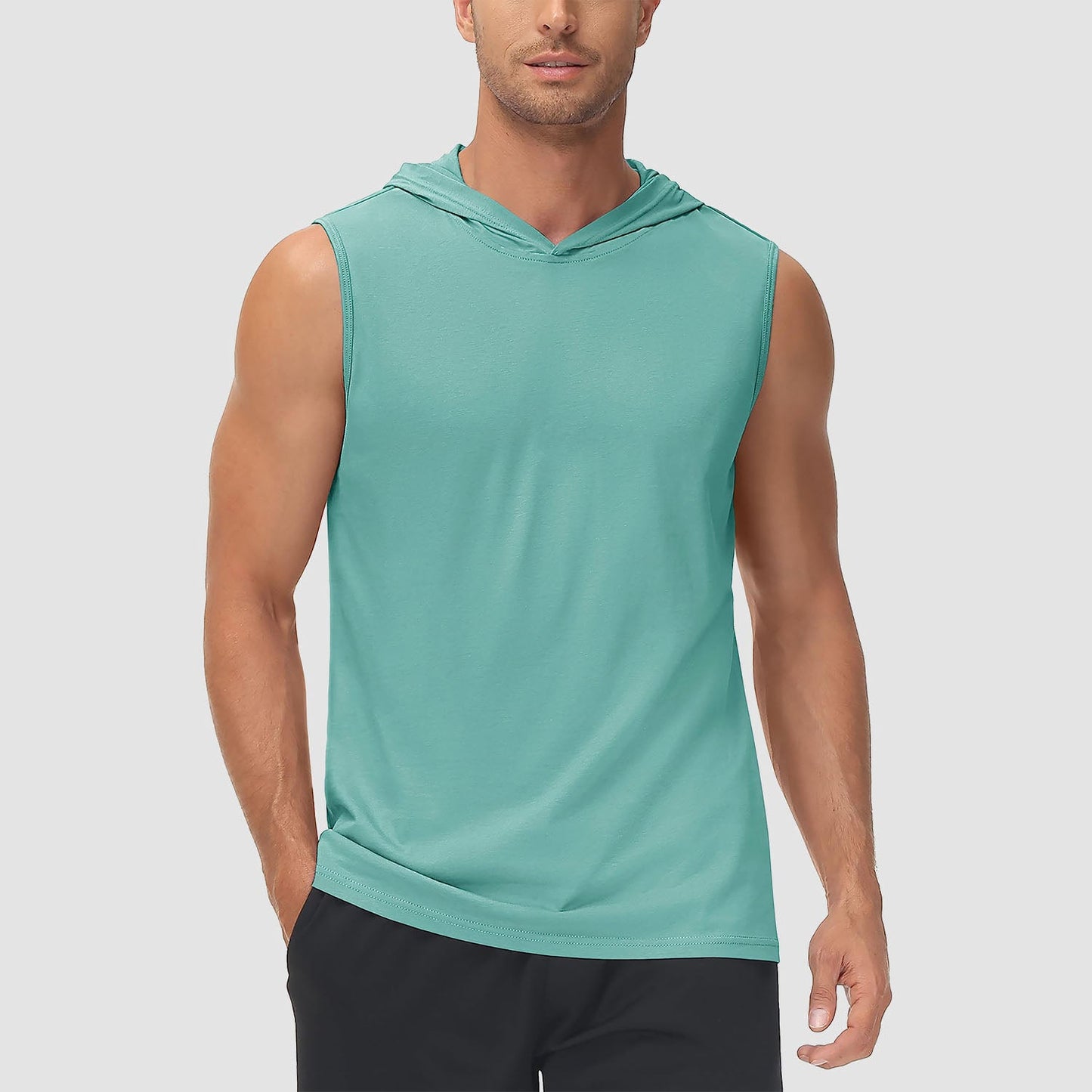 Men's turquoise hooded tank top sleeveless cotton moisture-wicking sports shirt athletic cut