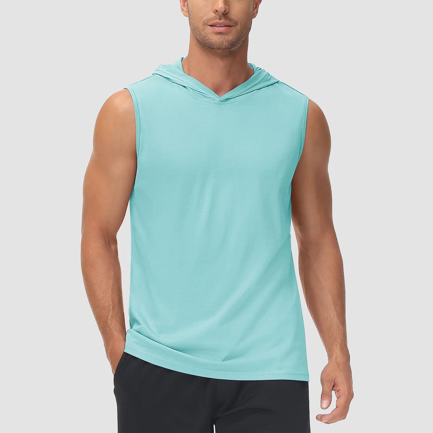 Men's turquoise hooded tank top cotton sleeveless moisture-wicking sports shirt casual athletic style