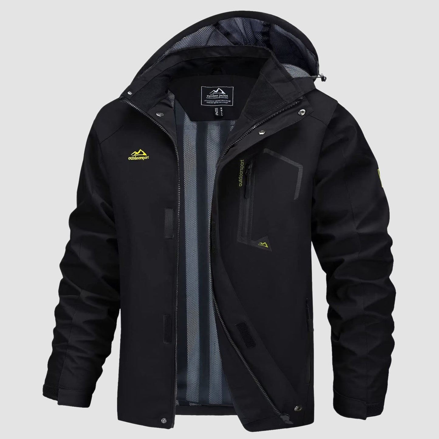 Men's ultralight waterproof rain jacket olive green slim fit detachable storm hood breathable mesh lining