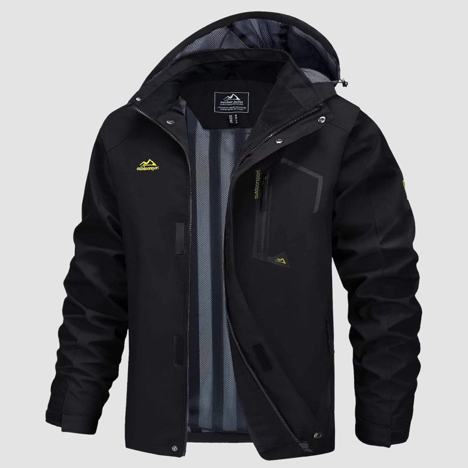 Men's ultralight waterproof rain jacket olive green slim fit detachable storm hood breathable mesh lining