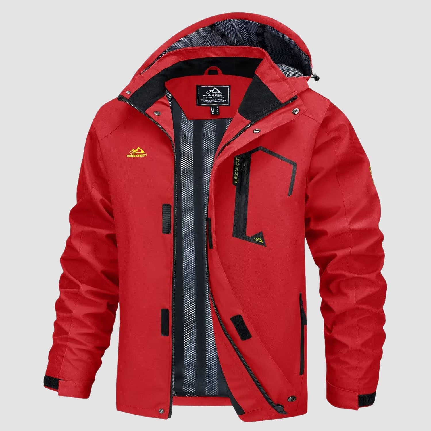 Men's ultralight waterproof rain jacket olive green slim fit detachable hood breathable mesh lining