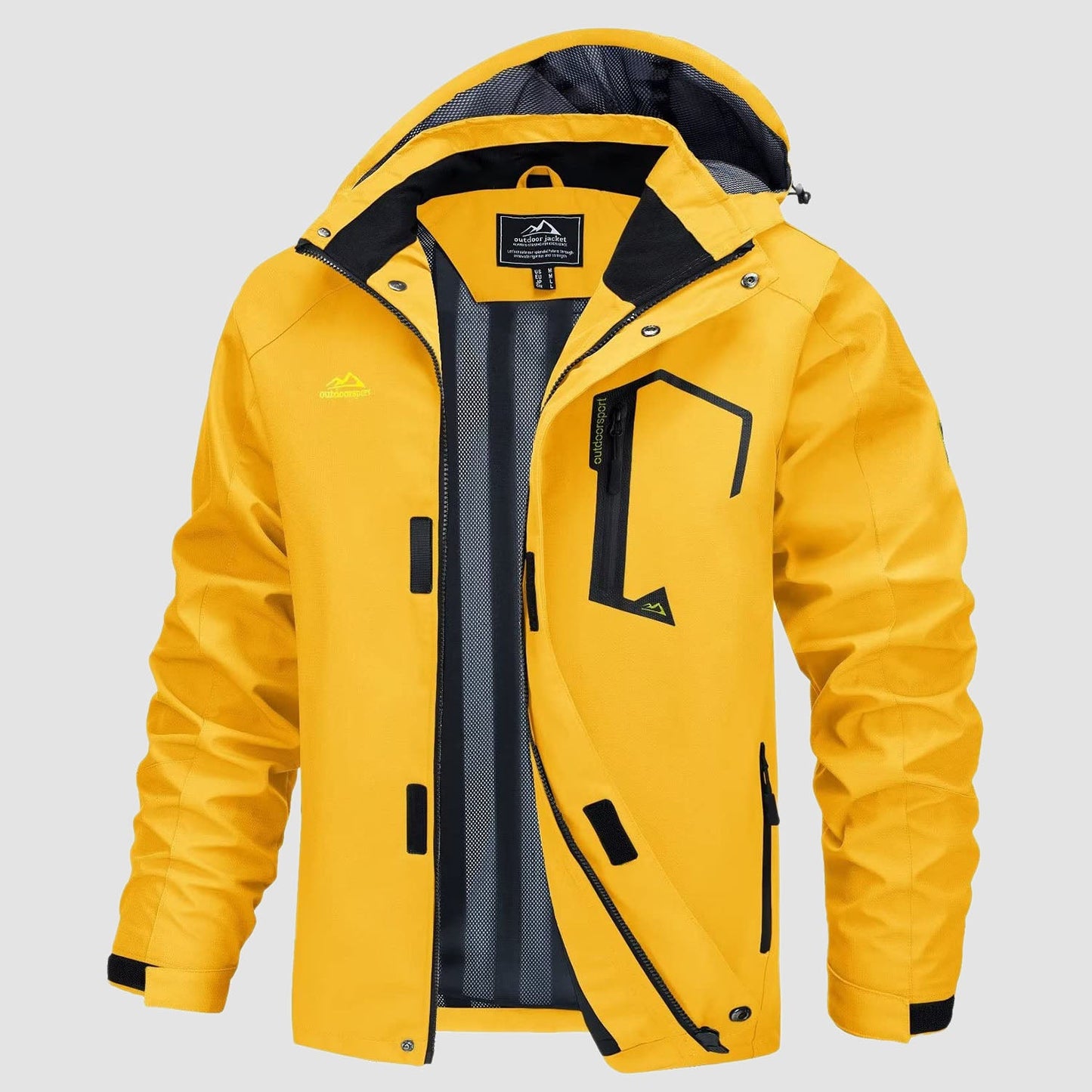 Men's ultralight waterproof rain jacket olive green slim fit detachable storm hood breathable mesh lining