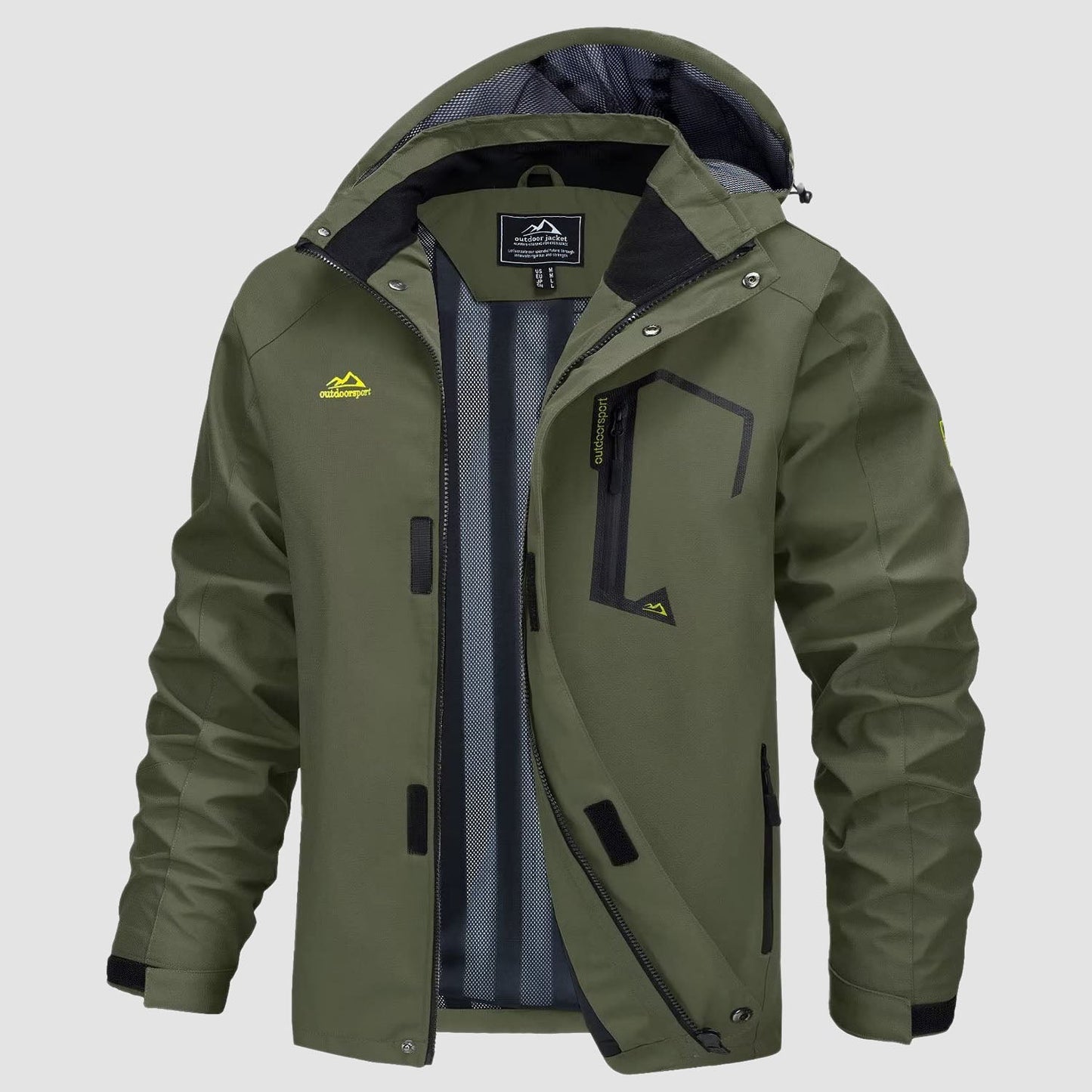 Men's ultralight waterproof rain jacket olive green slim fit detachable hood breathable mesh lining hiking
