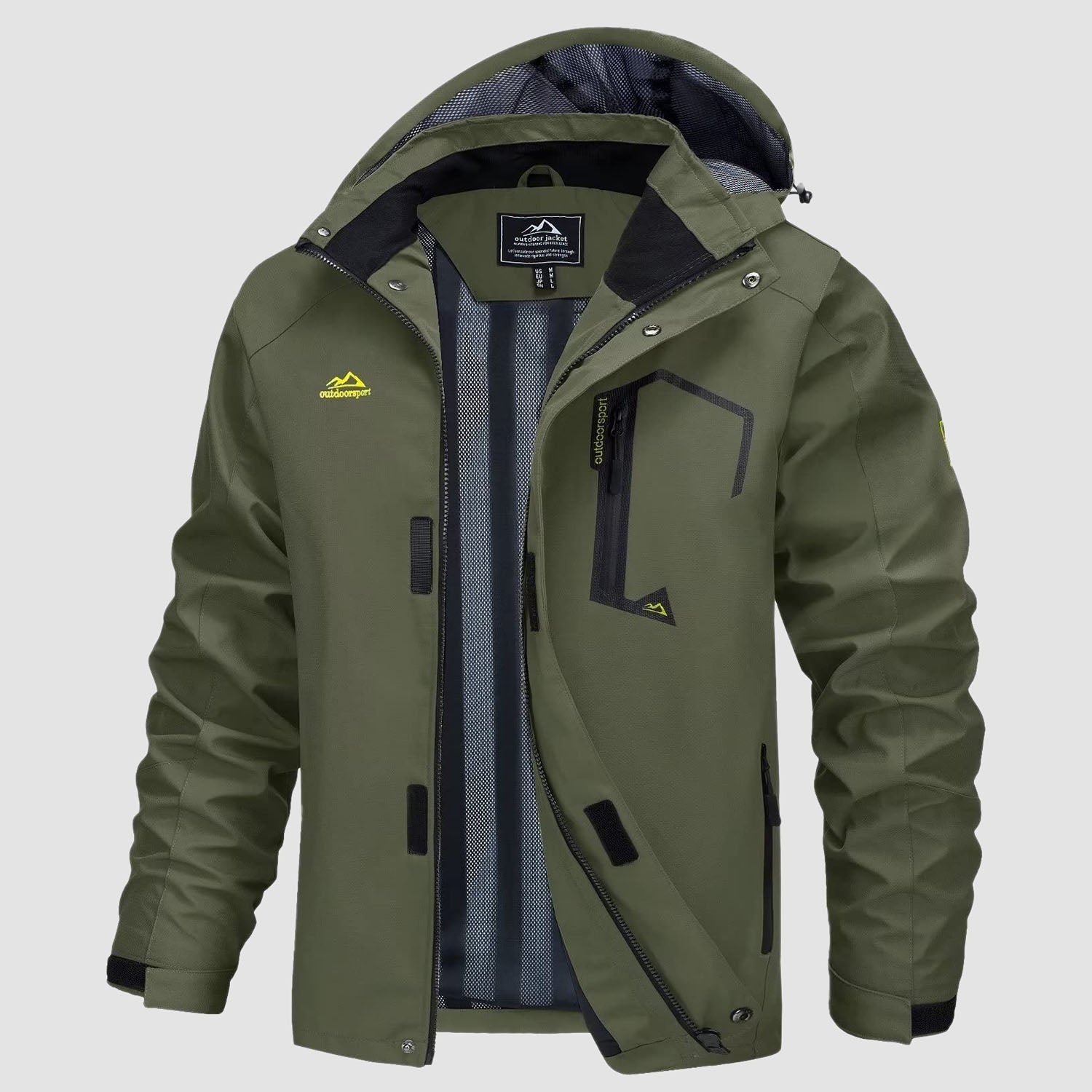 Men's ultralight waterproof rain jacket olive green slim fit detachable hood breathable mesh lining hiking