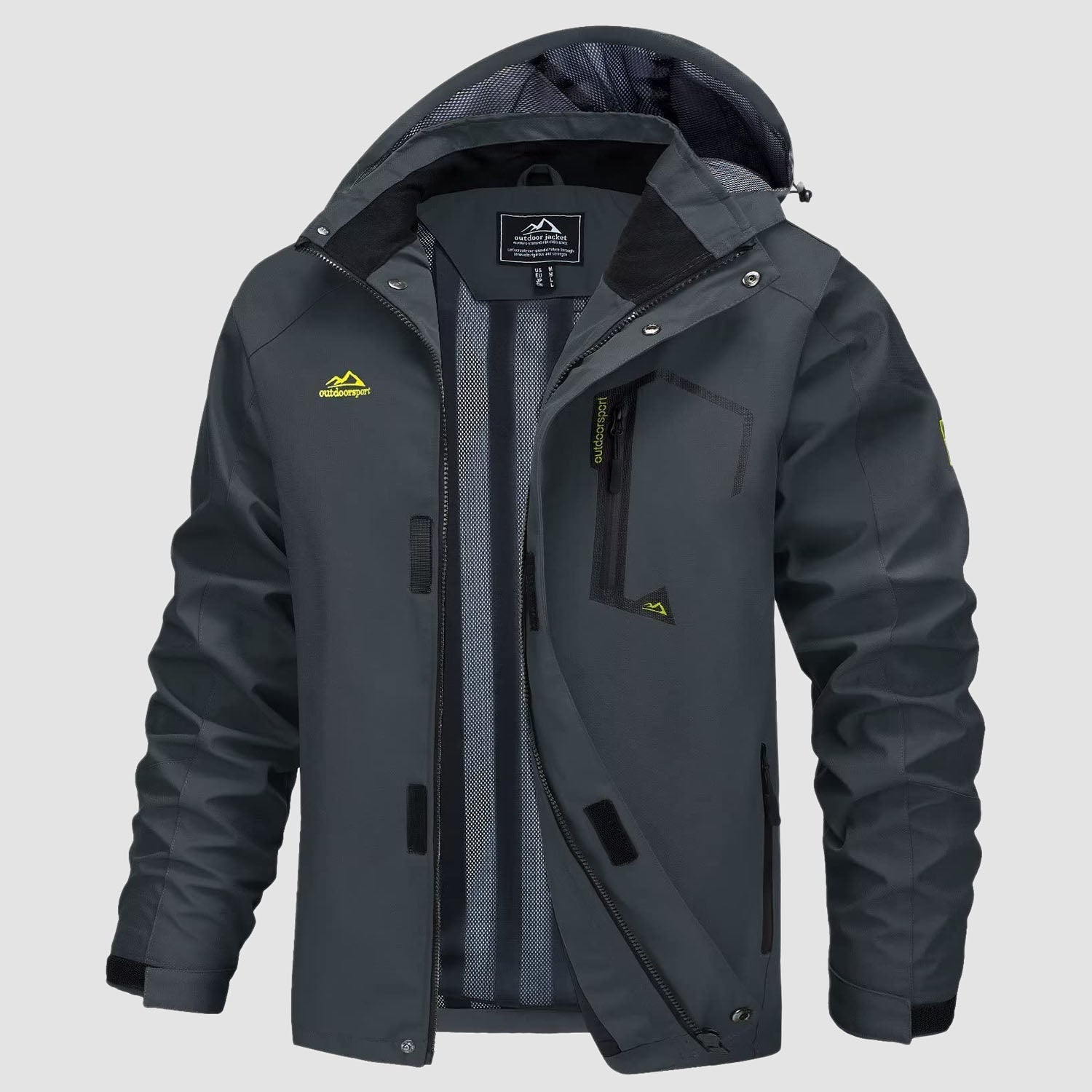 Men's ultralight waterproof rain jacket olive green slim fit detachable storm hood breathable mesh lining