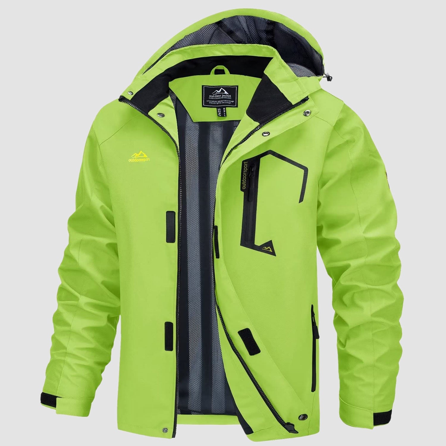 Men's ultralight waterproof rain jacket olive green slim fit with detachable hood breathable mesh lining
