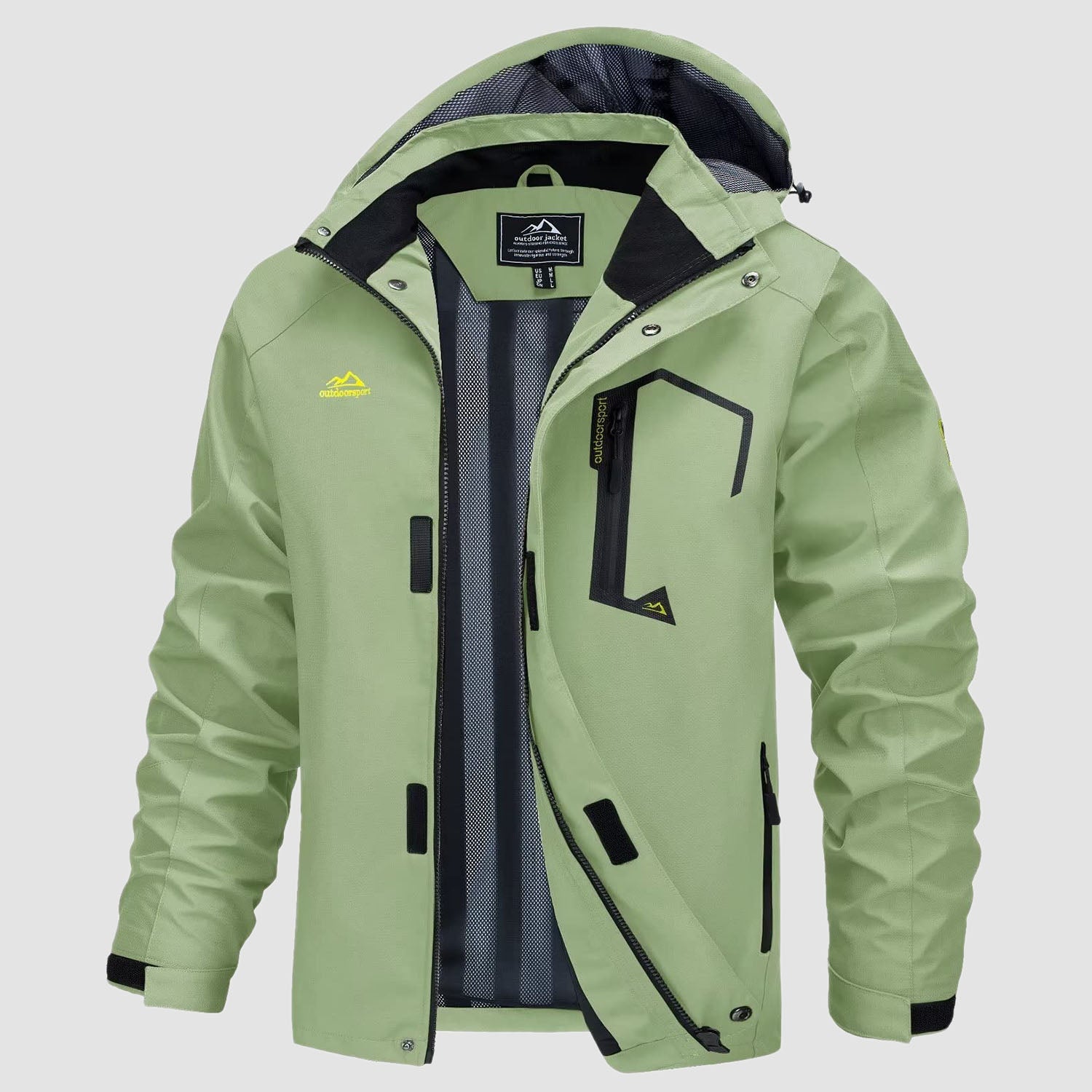 Men's ultralight waterproof rain jacket olive green slim fit detachable hood breathable mesh lining hiking